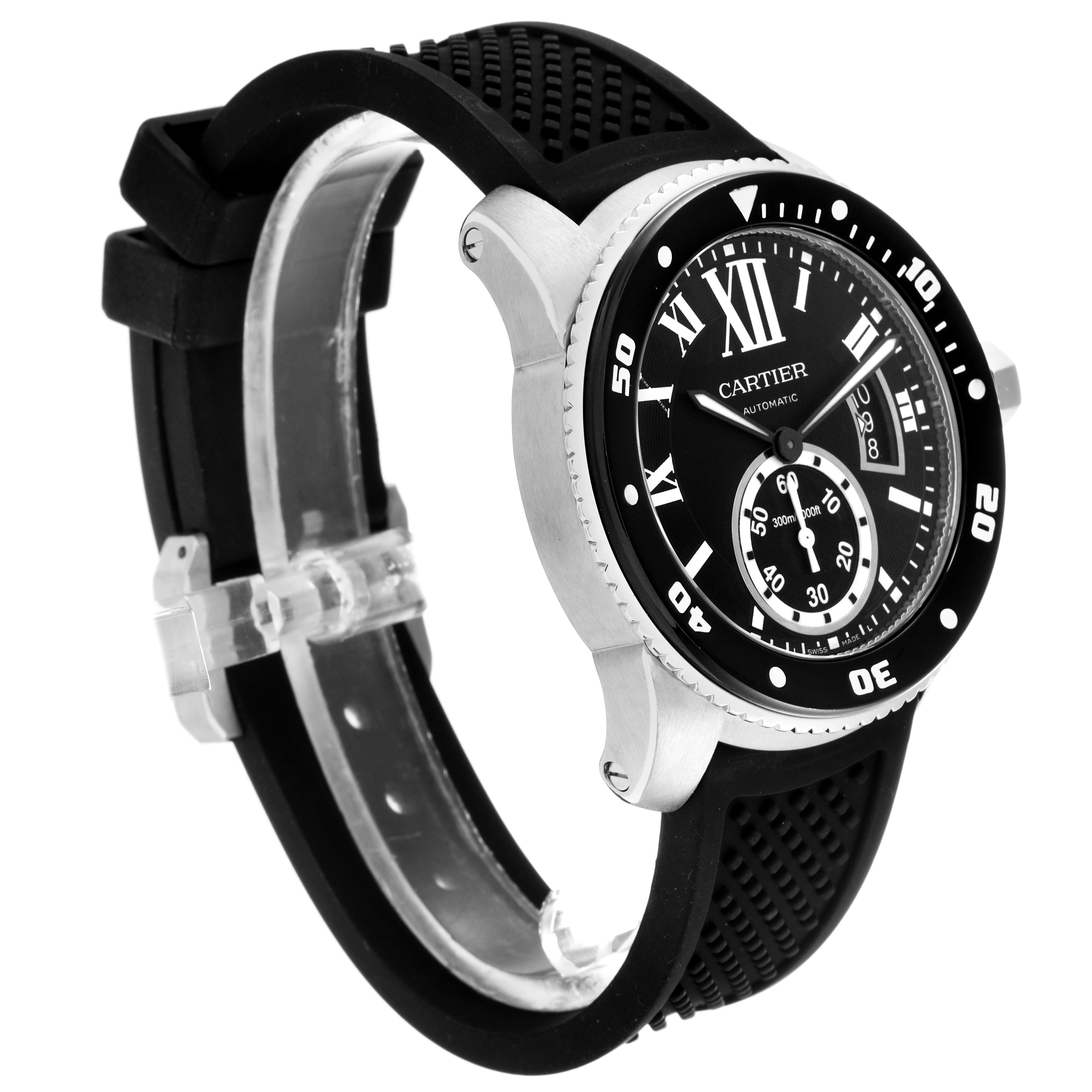 The Calibre de Cartier watch is shown at a slightly angled side view, highlighting the face, bezel, and strap.
