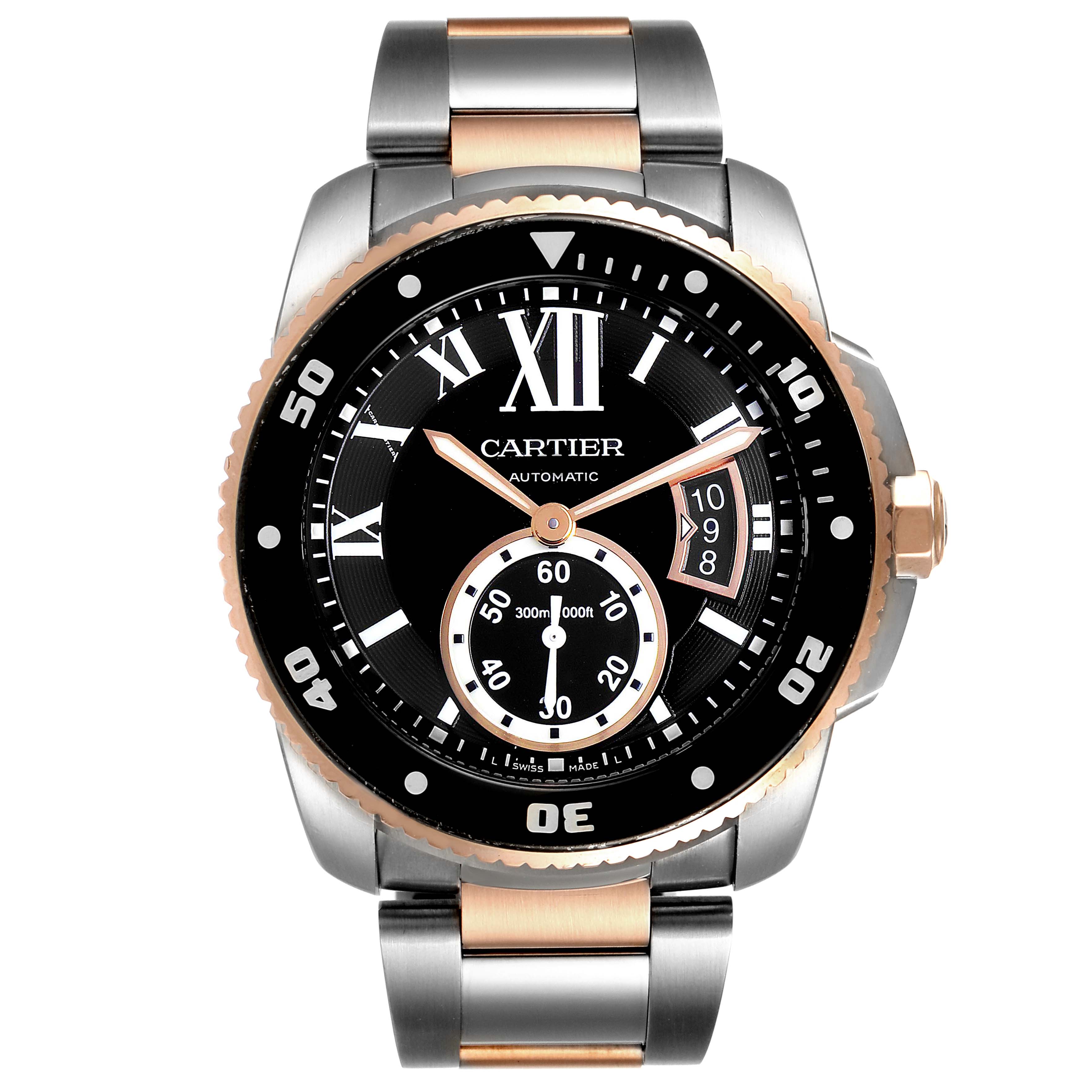 The image shows a front view of a Calibre de Cartier watch by Cartier, highlighting the dial, bezel, hands, and bracelet.