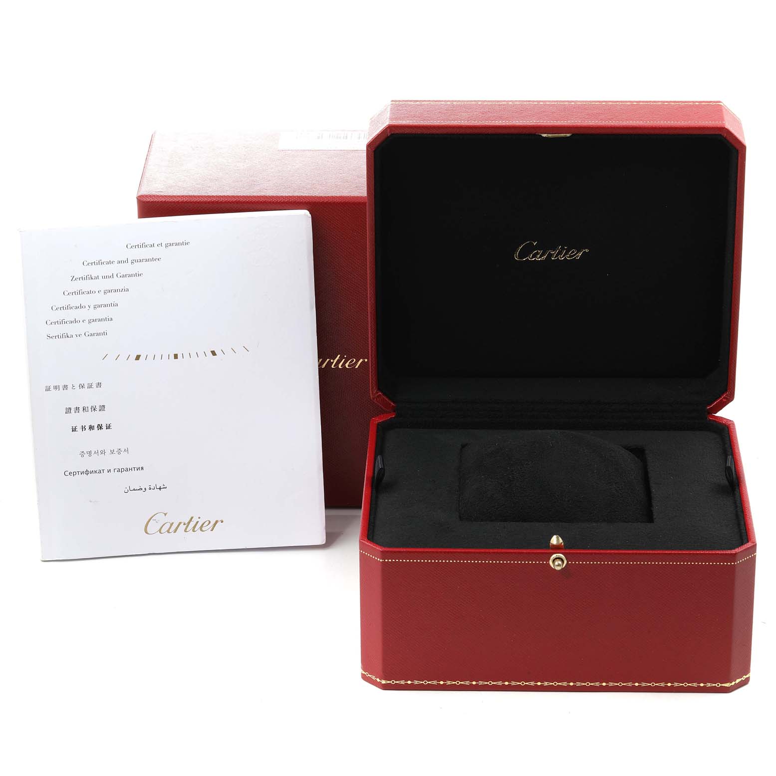 The image shows the packaging for a Calibre de Cartier model by Cartier, including an open red watch box and a warranty booklet.