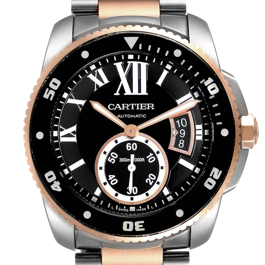 Cartier Calibre Diver Steel Rose Gold Black Dial Mens Watch W7100054 Box Papers SwissWatchExpo