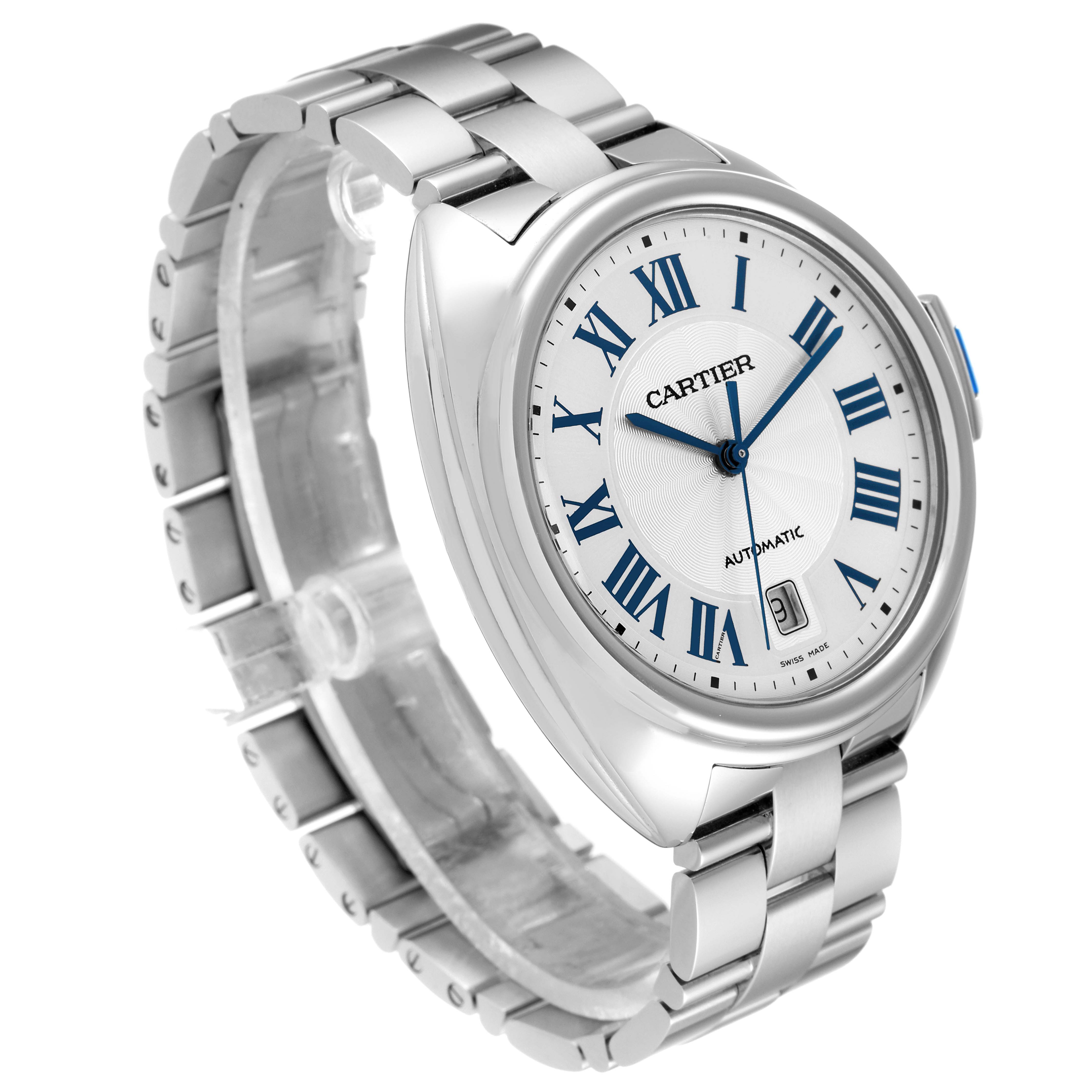 This image shows the Cartier Cle WSCL0007 Men
s Stainless Steel Silver Dial WSCL0007 Men
s Stainless Steel Silver Dial model watch at an angle displaying its face, bracelet, and clasp.