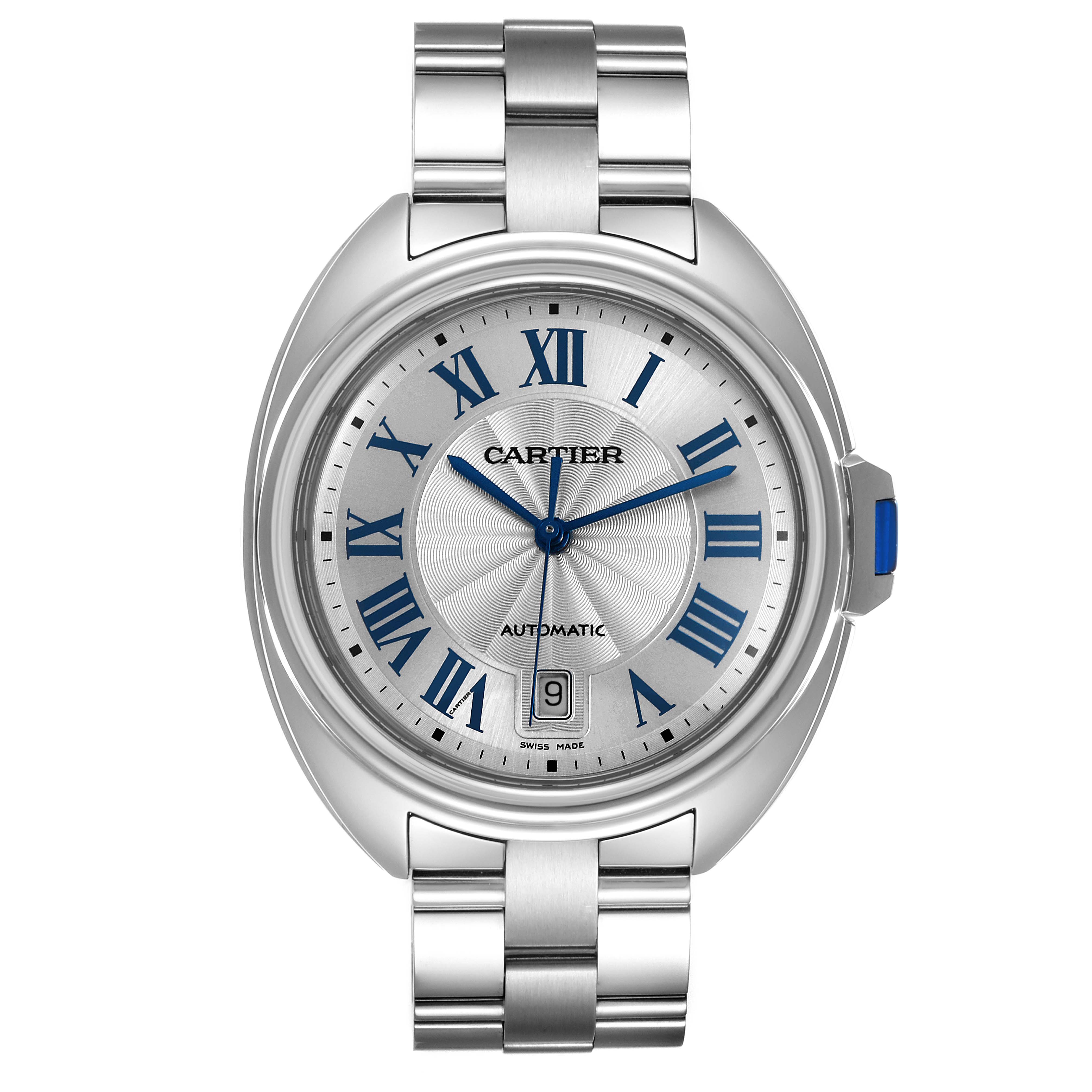 This image shows a front view of the Cle de Cartier watch, displaying the dial, bezel, and part of the bracelet.