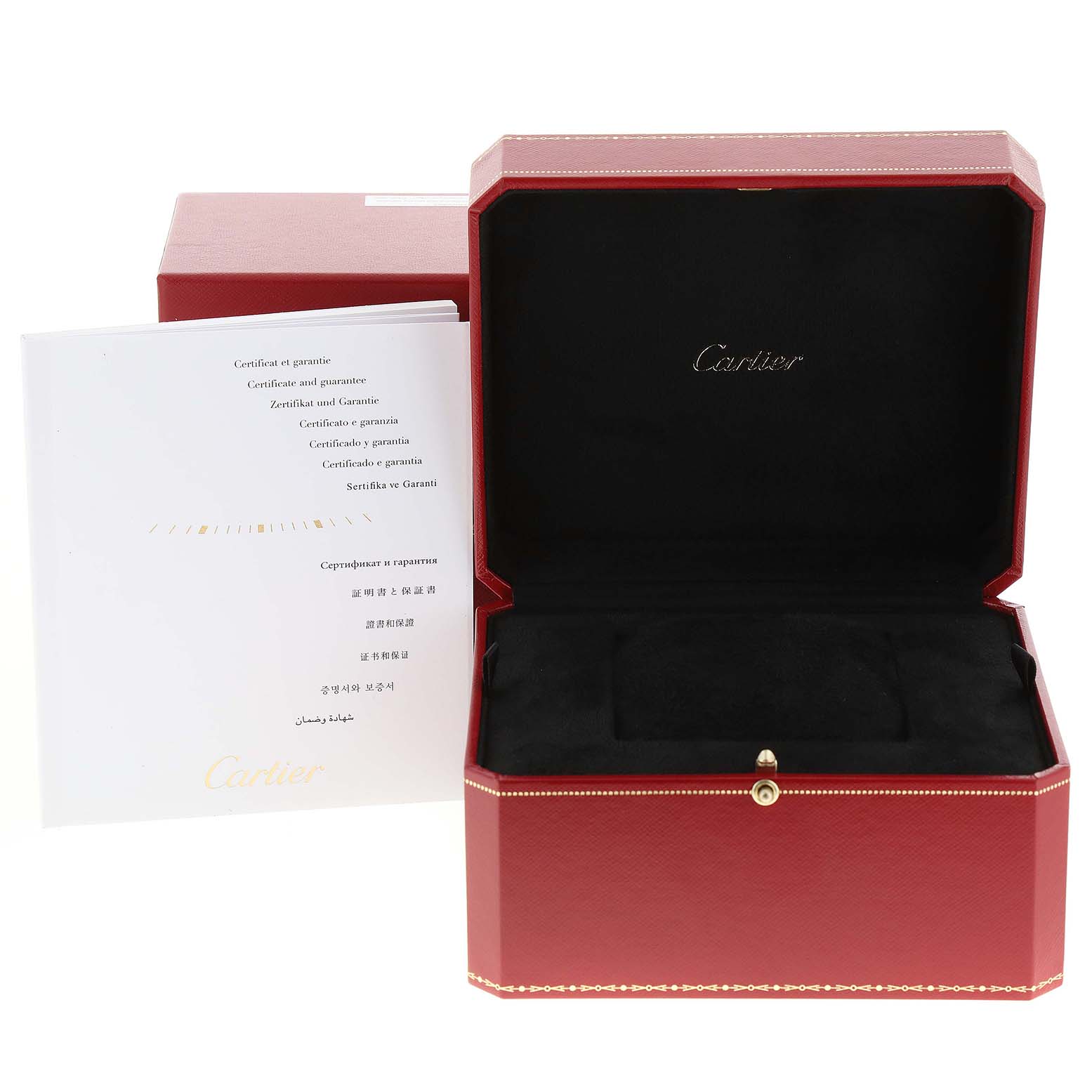 The image shows the open packaging for the Cartier Cle WSCL0007 Men
s Stainless Steel Silver Dial WSCL0007 Men
s Stainless Steel Silver Dial model, including the presentation box and warranty booklet.