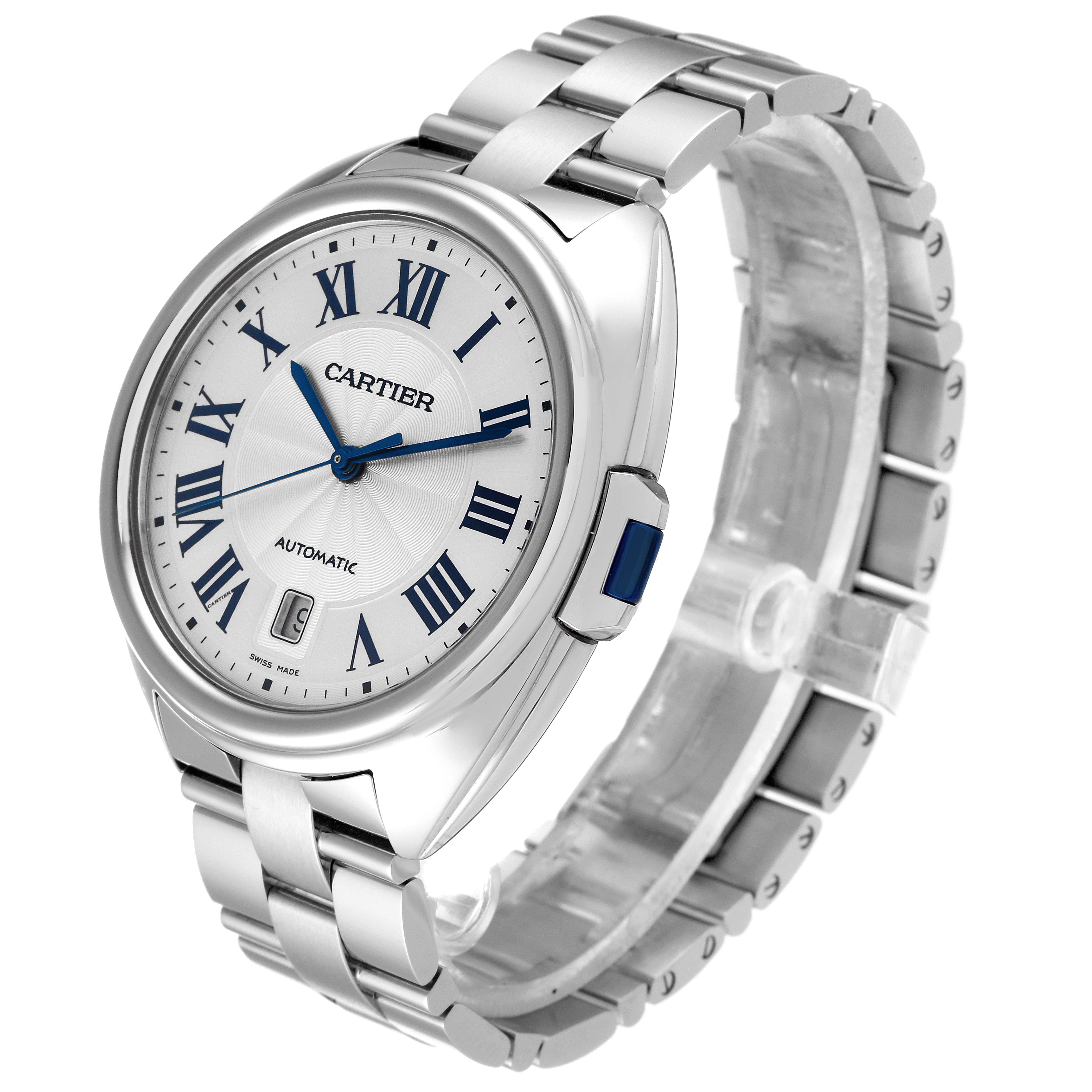 The image shows a Cartier Cle WSCL0007 Men
s Stainless Steel Silver Dial WSCL0007 Men
s Stainless Steel Silver Dial model watch from an angled side view, displaying its face, bracelet, and crown.