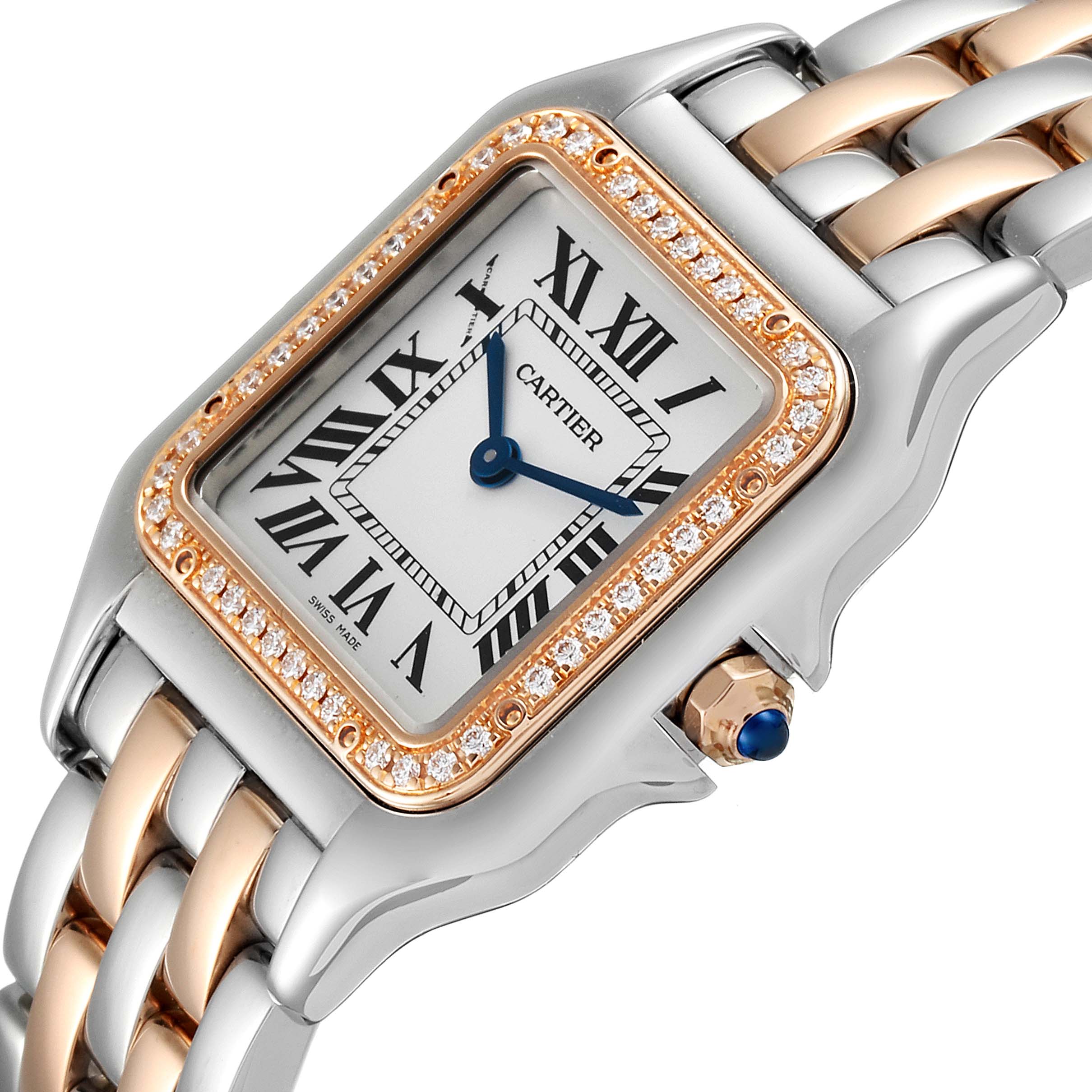 The image shows a close-up angle of the Cartier Panthere W3PN0007 Women
s Steel and Gold (two tone) Silver Dial W3PN0007 Women
s Steel and Gold (two tone) Silver Dial watch, highlighting the bezel, face, and part of the bracelet.