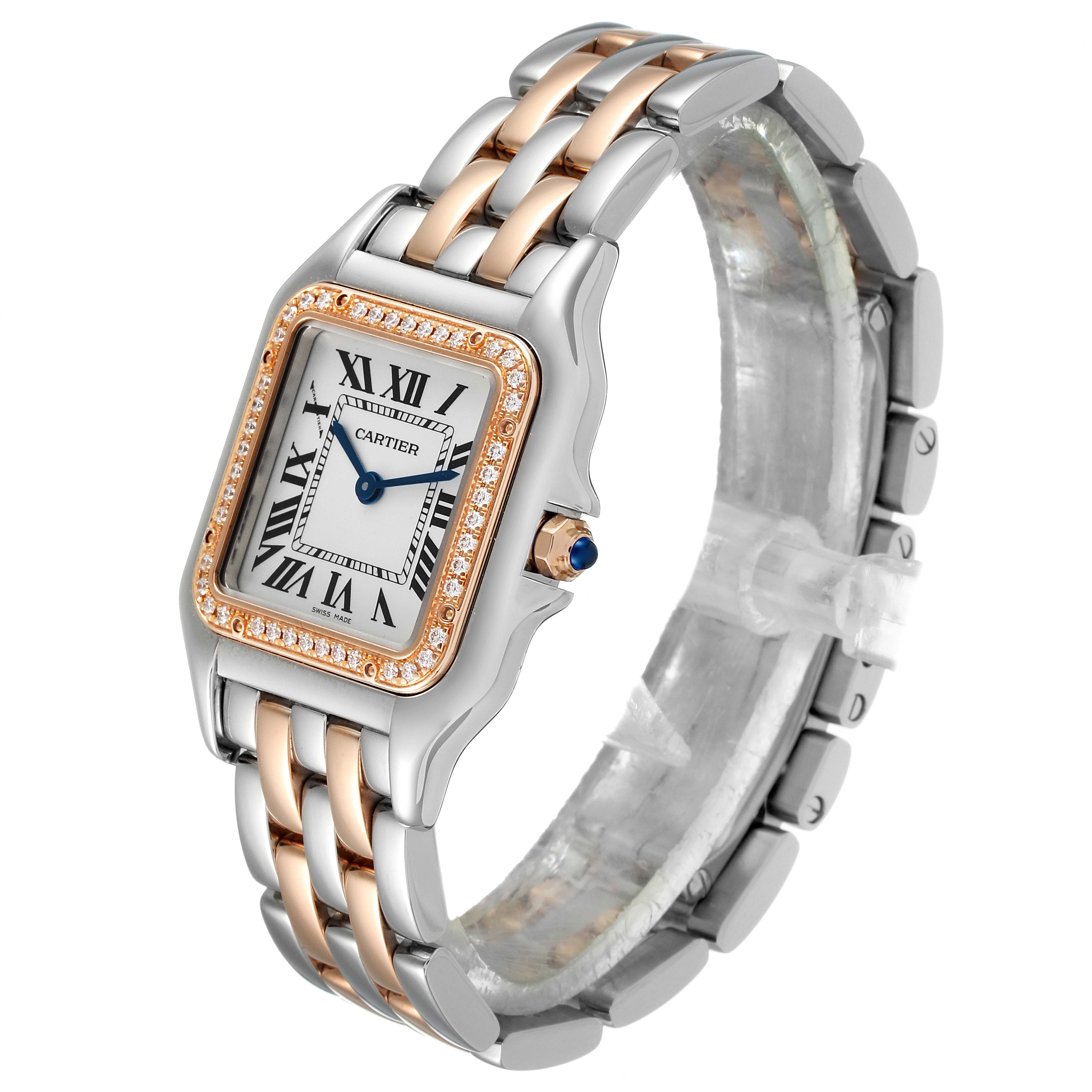 The image shows a Cartier Panthere W3PN0007 Women
s Steel and Gold (two tone) Silver Dial W3PN0007 Women
s Steel and Gold (two tone) Silver Dial watch at an angled side view, highlighting its two-tone bracelet and diamond-encrusted bezel.