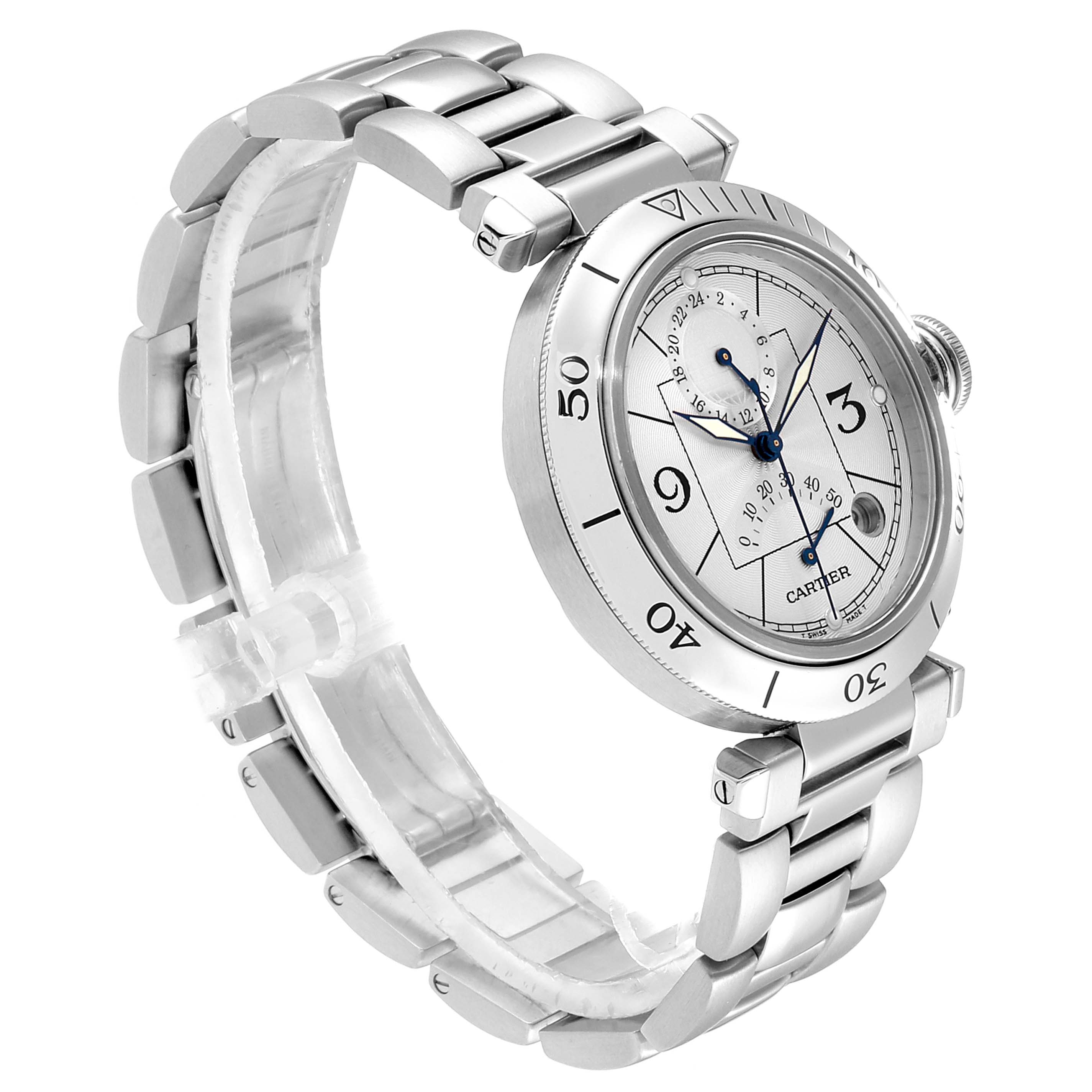This image shows the front and side view of the Cartier Pasha W31037H3 Men's Stainless Steel Silver Dial W31037H3 Men's Stainless Steel Silver Dial watch, highlighting the dial, bezel, and bracelet.