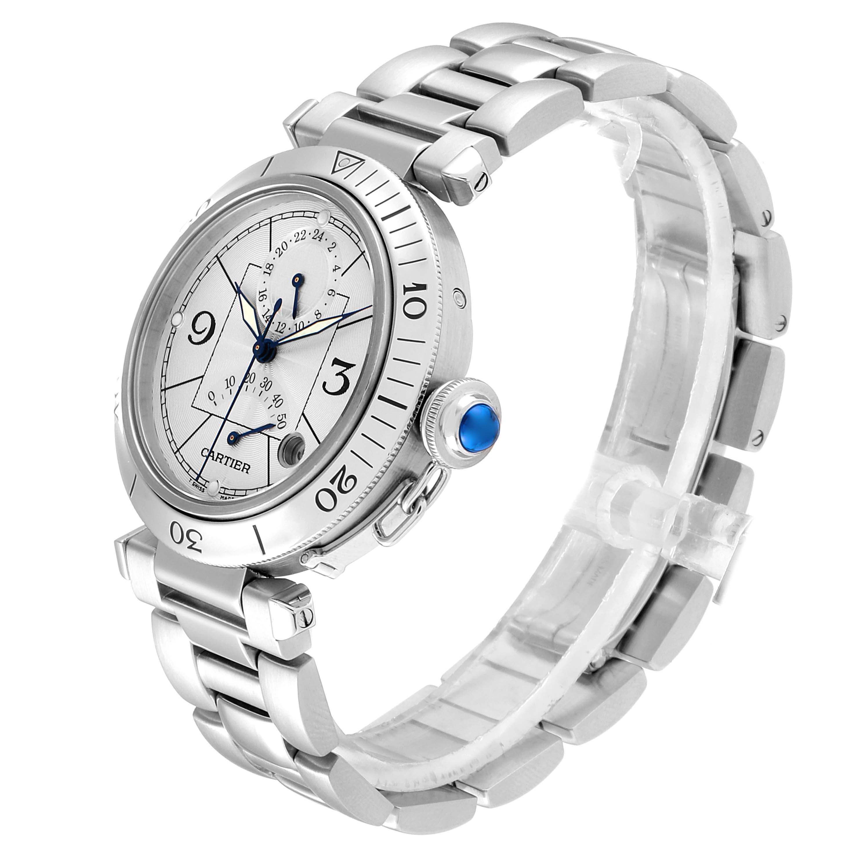 This image shows a Cartier Pasha W31037H3 Men's Stainless Steel Silver Dial W31037H3 Men's Stainless Steel Silver Dial model watch from a side angle, highlighting the bezel, bracelet, dial, and crown.
