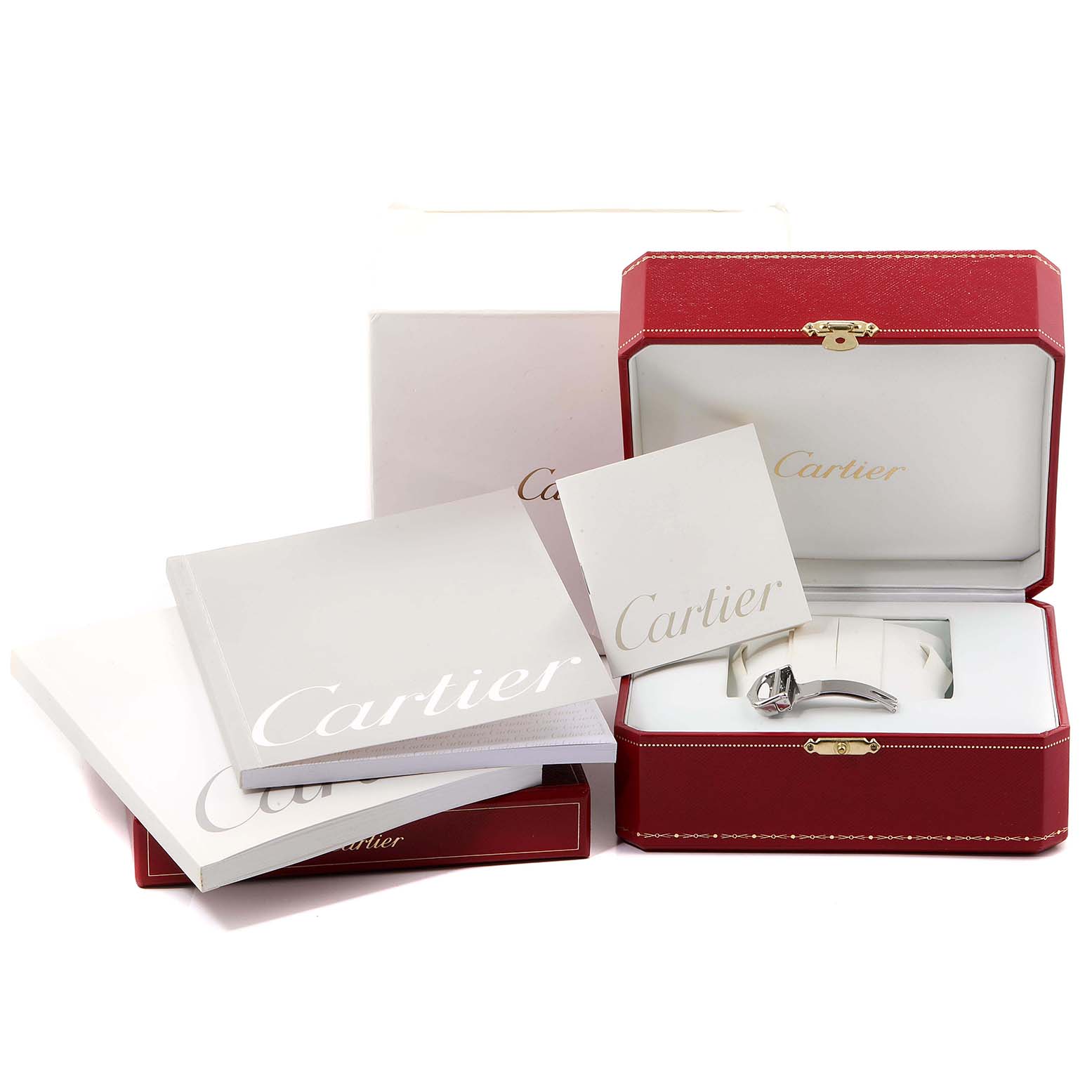 The image shows the Cartier Pasha W31037H3 Men's Stainless Steel Silver Dial W31037H3 Men's Stainless Steel Silver Dial watch and accessories, including documentation and its red-box packaging, from a top-front angle.