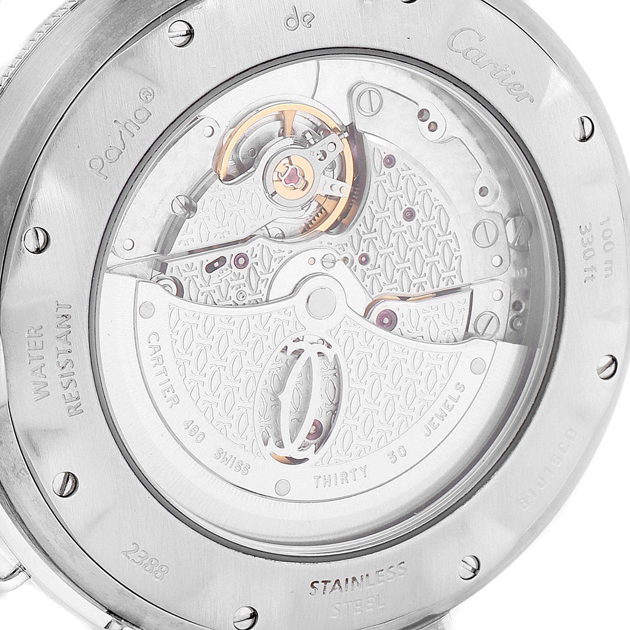 This image shows the back case of the Cartier Pasha W31037H3 Men's Stainless Steel Silver Dial W31037H3 Men's Stainless Steel Silver Dial watch, displaying the movement and inscriptions.