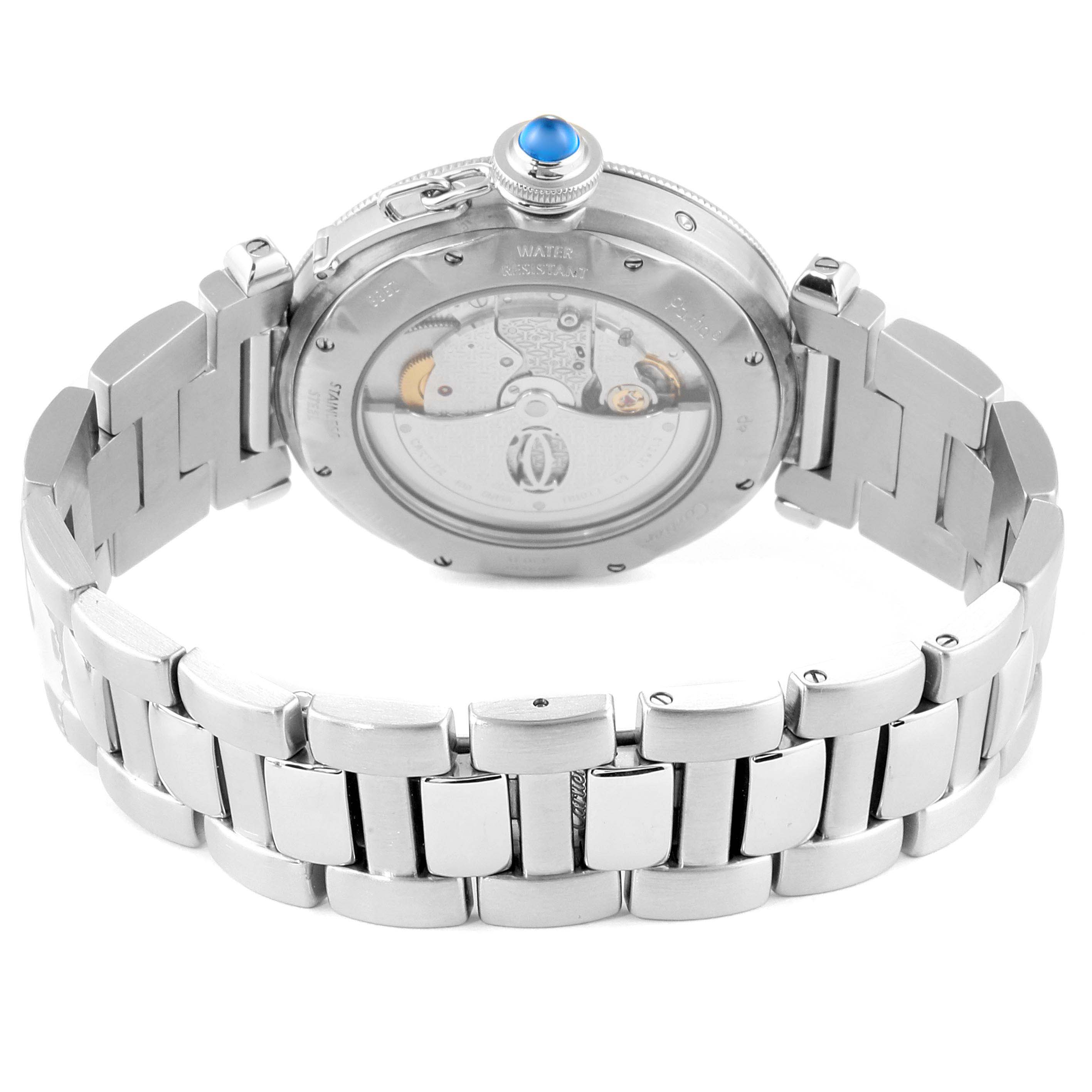 This image shows the back and bracelet of a Cartier Pasha W31037H3 Men's Stainless Steel Silver Dial W31037H3 Men's Stainless Steel Silver Dial watch from a rear angle, highlighting its automatic movement and stainless steel band.