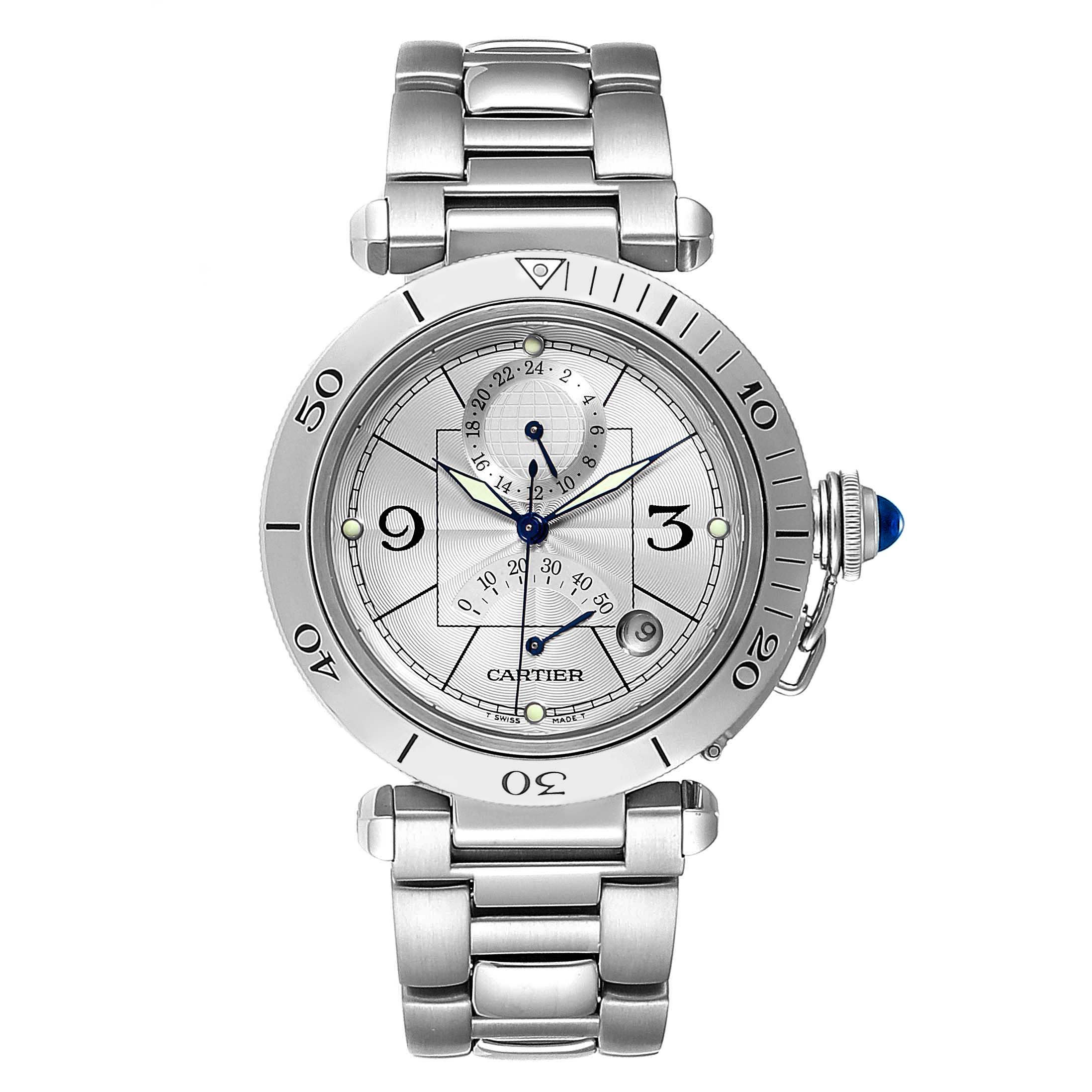 This image shows a frontal view of the Cartier Pasha W31037H3 Men's Stainless Steel Silver Dial W31037H3 Men's Stainless Steel Silver Dial watch, displaying its face, bezel, hands, and stainless steel bracelet.