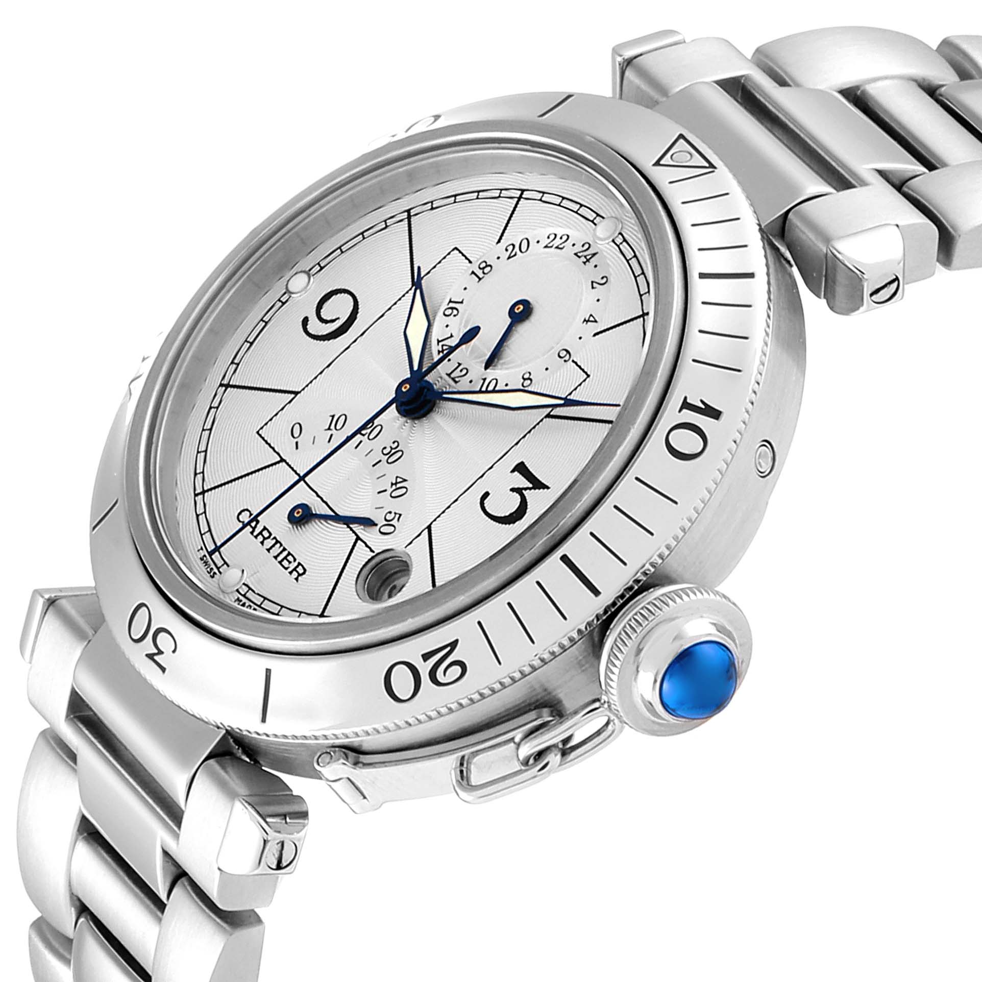 The image shows a close-up of the Cartier Pasha W31037H3 Men's Stainless Steel Silver Dial W31037H3 Men's Stainless Steel Silver Dial watch, highlighting the dial, bezel, crown, and metal bracelet.