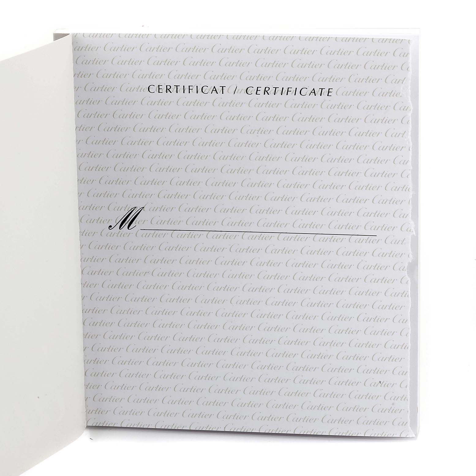 The image shows an open booklet with a Cartier Pasha W31037H3 Men's Stainless Steel Silver Dial W31037H3 Men's Stainless Steel Silver Dial model warranty certificate inside.