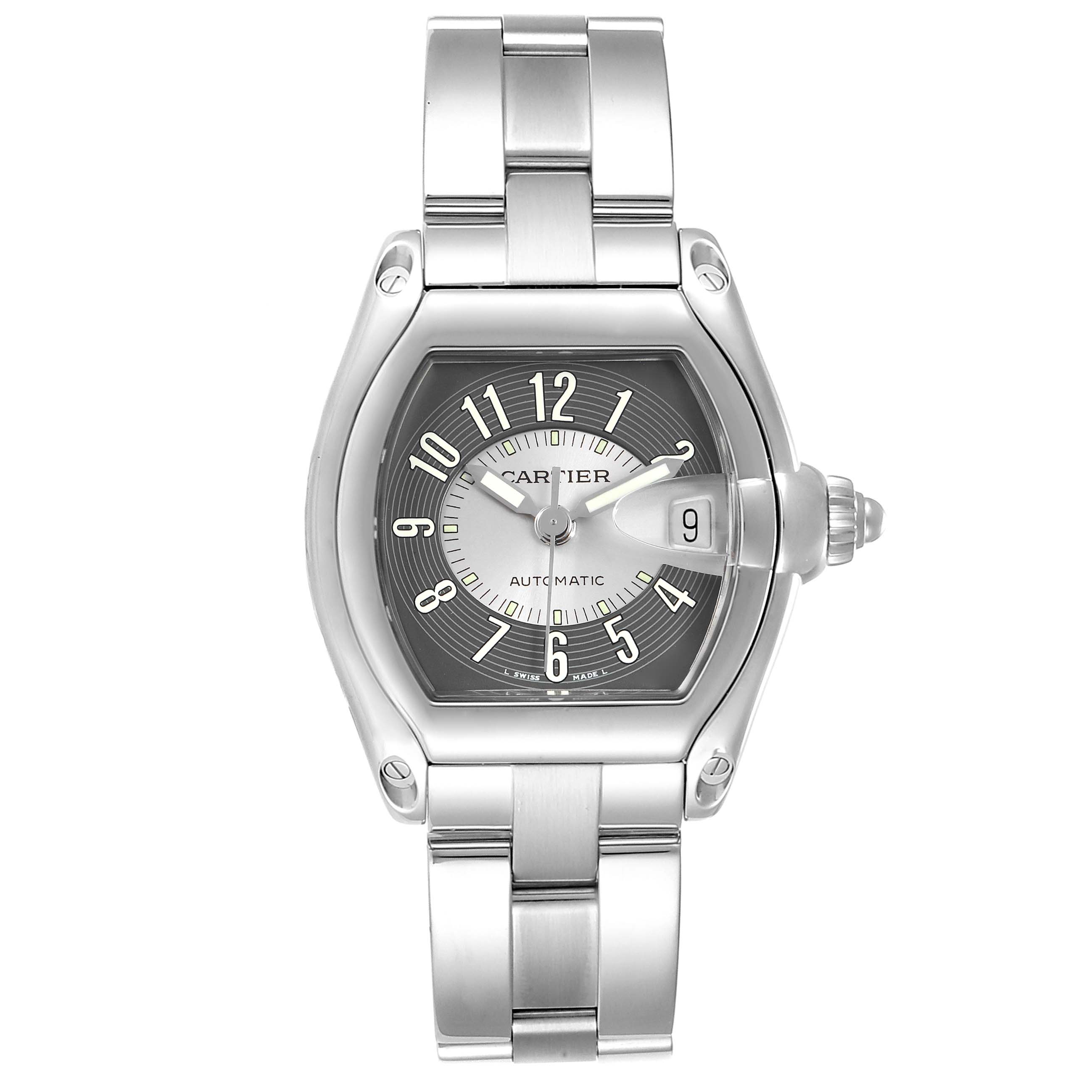 This image shows a Cartier Roadster W62041V3 Men
s Stainless Steel Black Dial W62041V3 Men
s Stainless Steel Black Dial watch from a top-down angle, highlighting the face, casing, and bracelet.