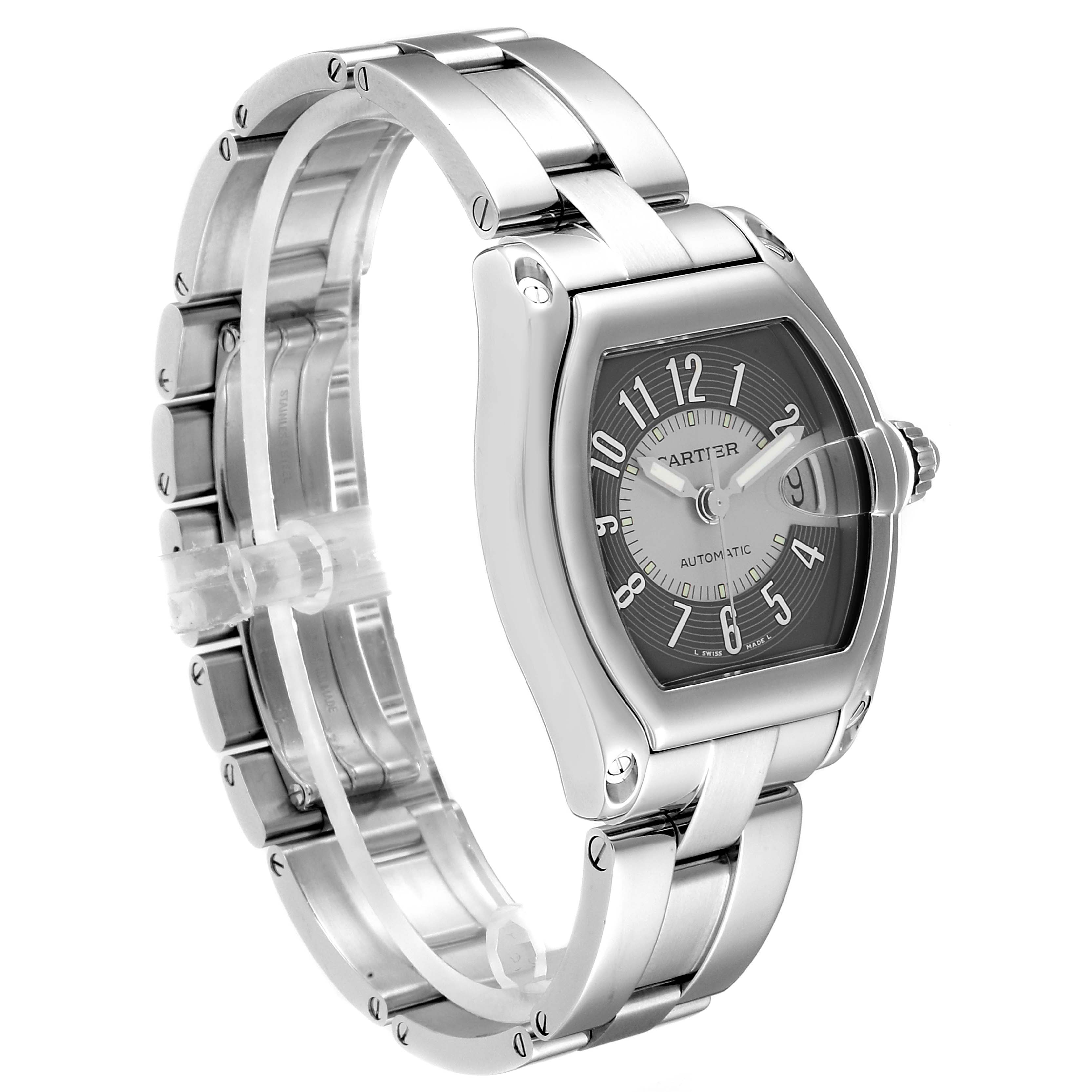 The Cartier Roadster W62041V3 Men
s Stainless Steel Black Dial W62041V3 Men
s Stainless Steel Black Dial watch is shown from a slight side angle, highlighting its face, bezel, and bracelet links.