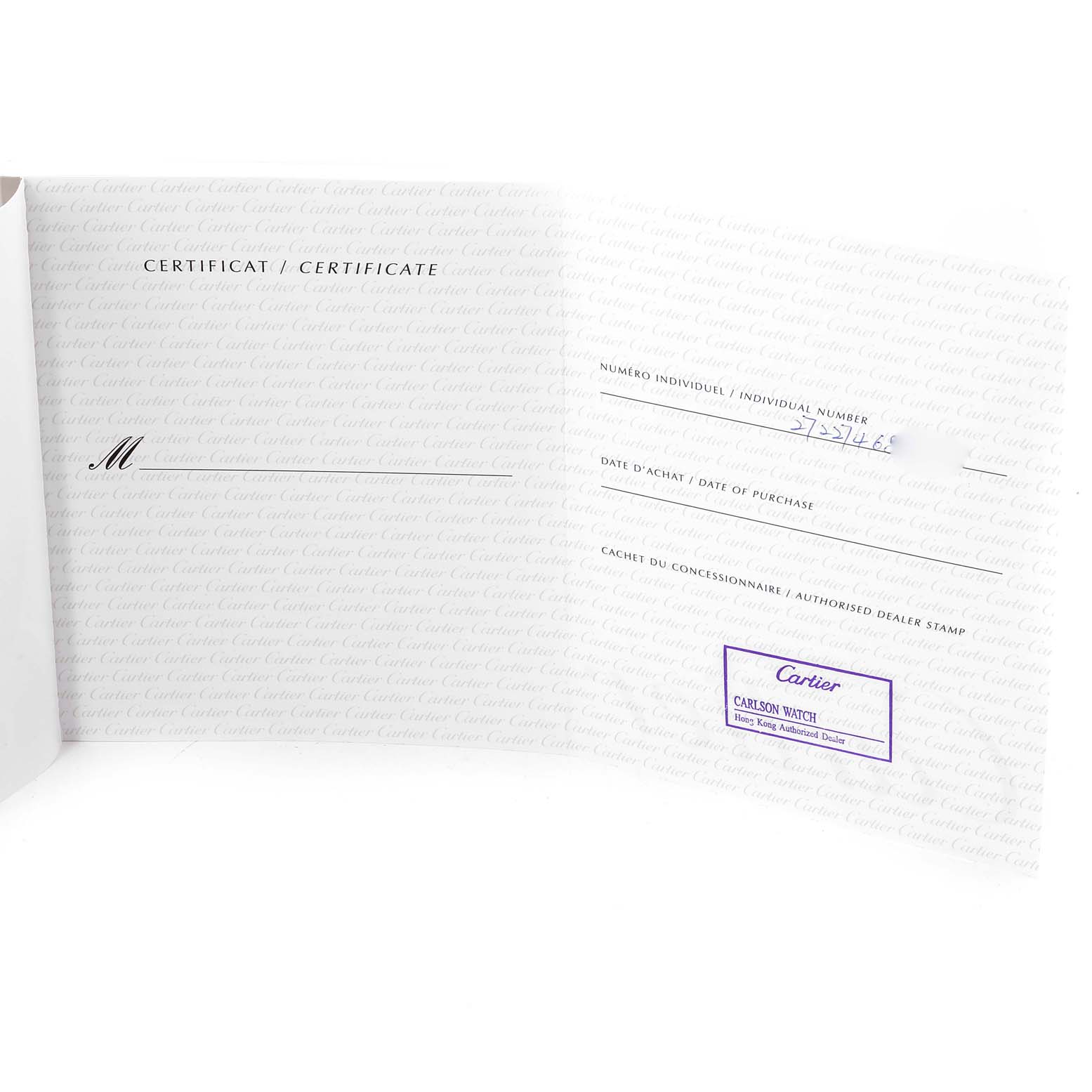 The image shows an open certificate booklet for the Cartier Roadster W62032X6 Men
s Stainless Steel Silver Dial W62032X6 Men
s Stainless Steel Silver Dial watch with visible dealer information and individual number.