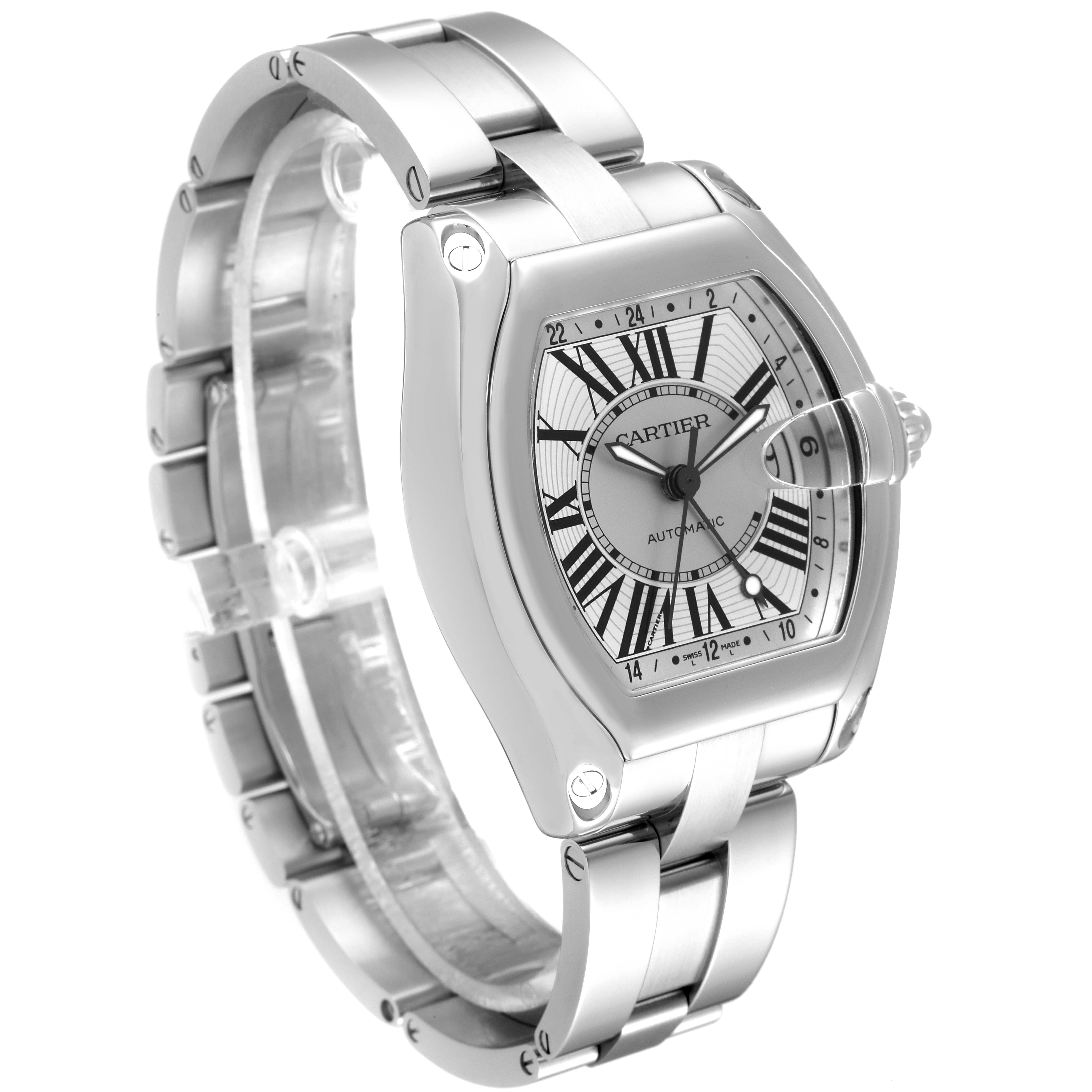 The image shows a Cartier Roadster W62032X6 Men
s Stainless Steel Silver Dial W62032X6 Men
s Stainless Steel Silver Dial watch angled to display the dial, bezel, bracelet, and crown.
