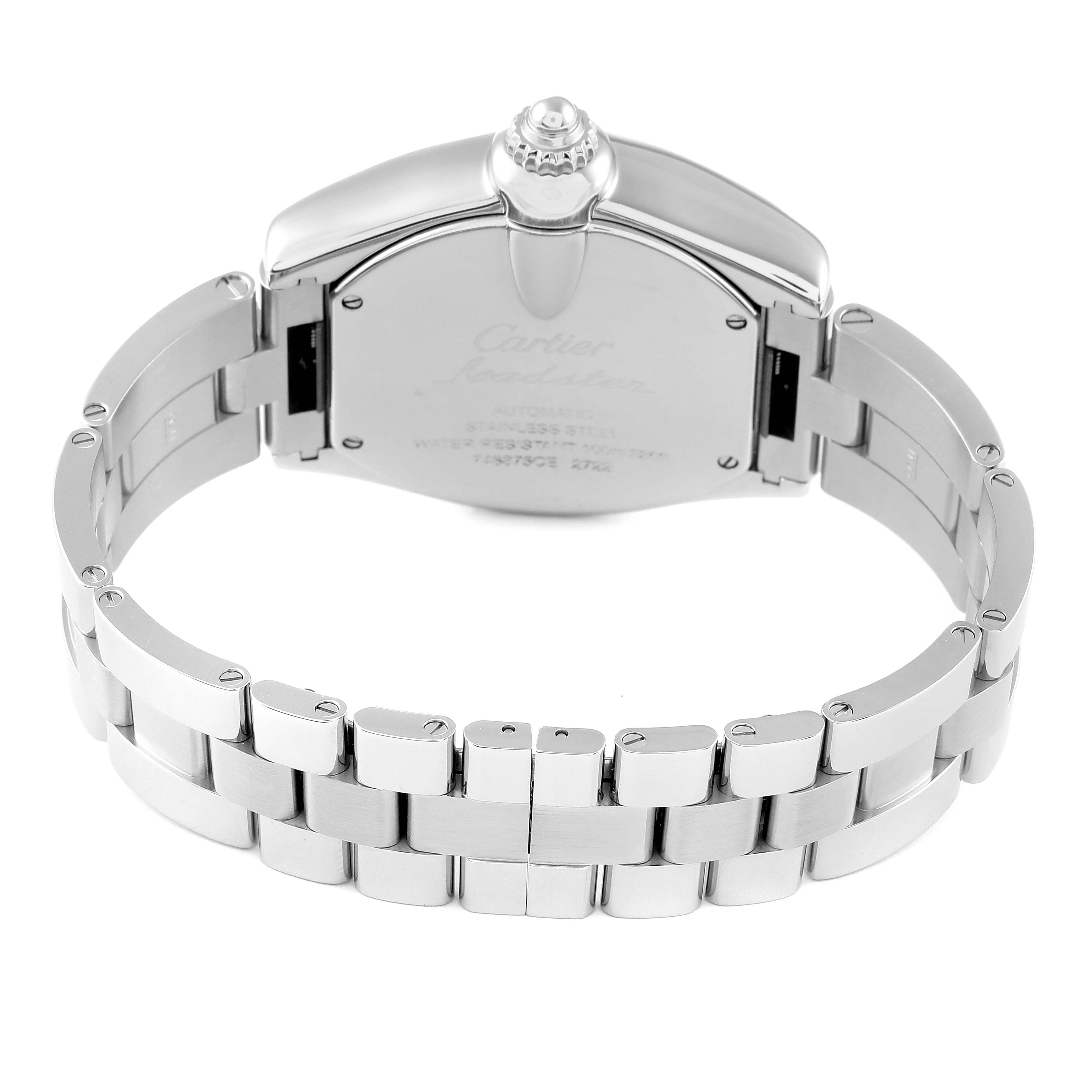 This image shows the back view of the Cartier Roadster W62032X6 Men
s Stainless Steel Silver Dial W62032X6 Men
s Stainless Steel Silver Dial watch, highlighting its stainless steel bracelet and case back.