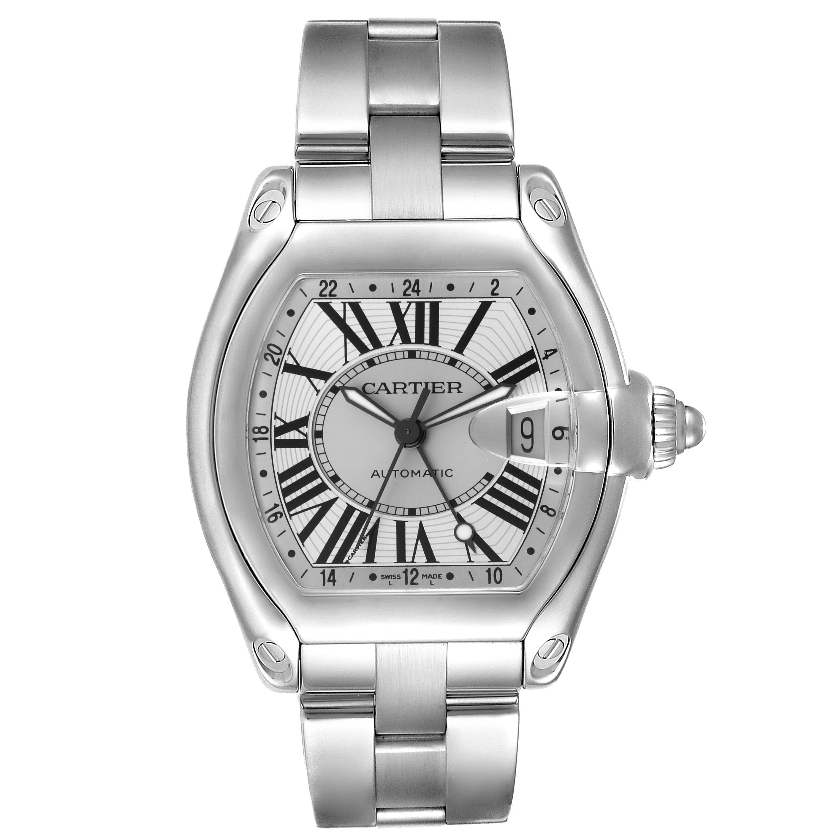 The image shows a front view of the Cartier Roadster W62032X6 Men
s Stainless Steel Silver Dial W62032X6 Men
s Stainless Steel Silver Dial watch, highlighting its face, crown, and stainless steel bracelet.