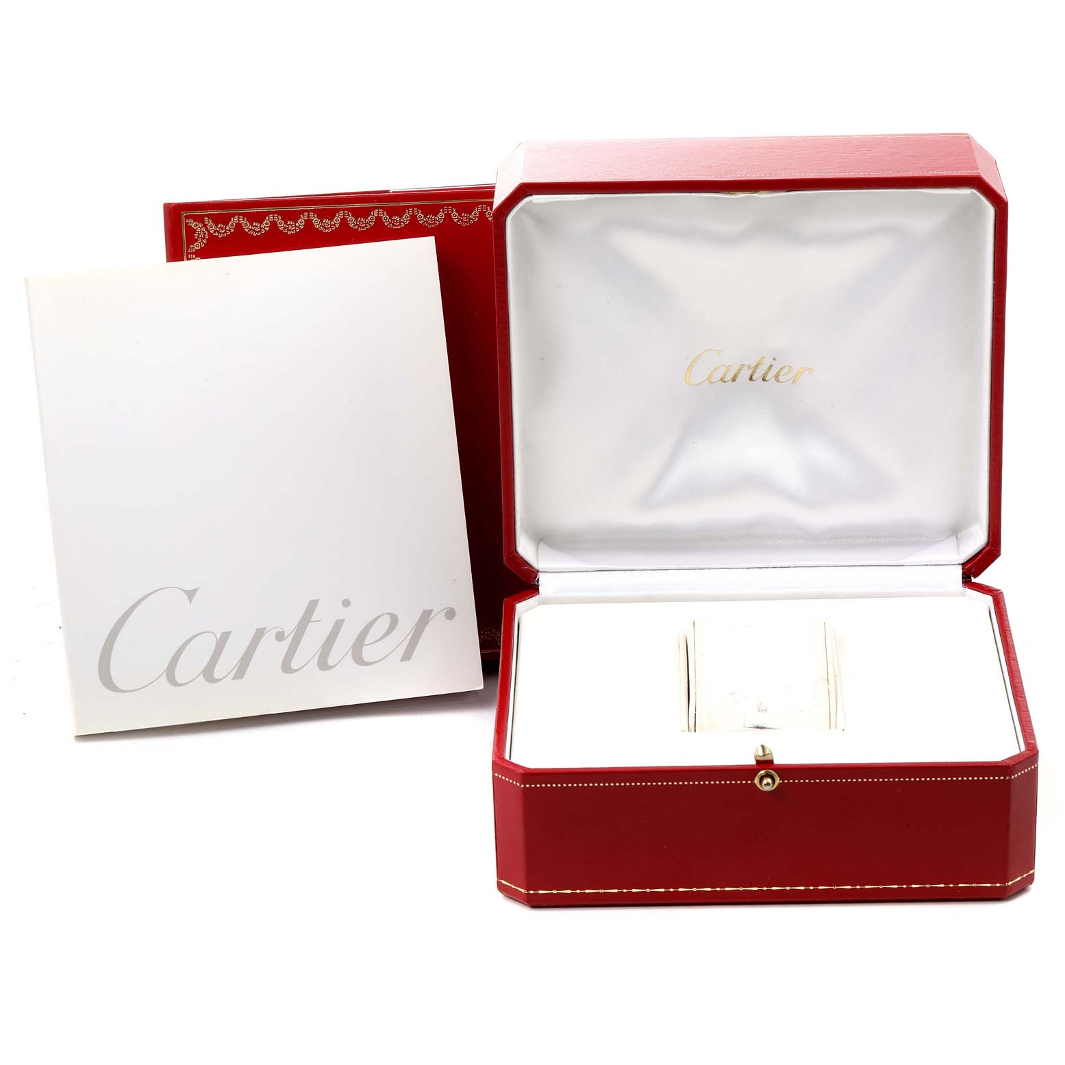 The image shows the open box and packaging for a Cartier Roadster W62018V1 Women's Yellow Gold Silver Dial W62018V1 Women's Yellow Gold Silver Dial watch, with only the box and booklet visible.