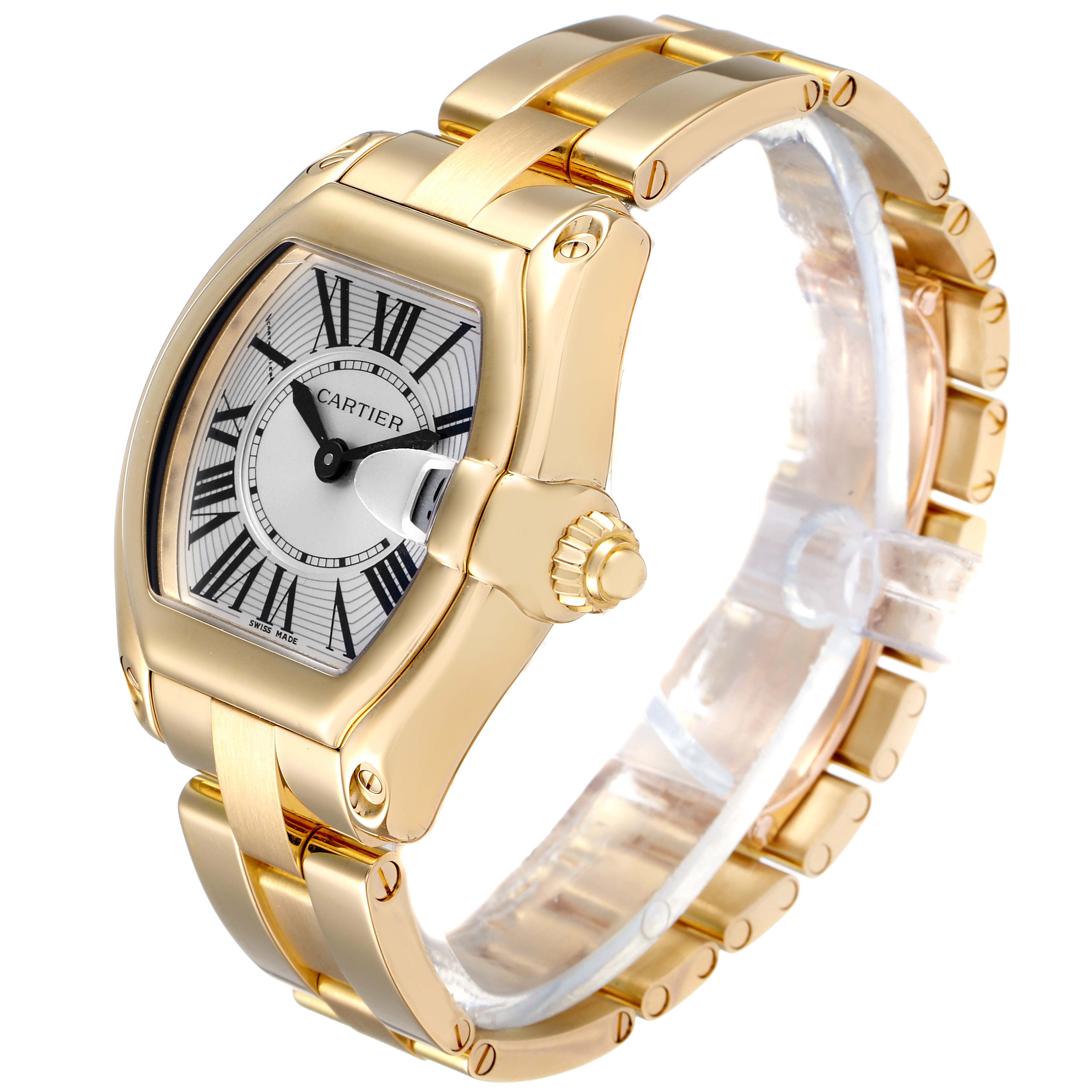 The image shows a Cartier Roadster W62018V1 Women's Yellow Gold Silver Dial W62018V1 Women's Yellow Gold Silver Dial watch at an angle highlighting the face, crown, and bracelet.