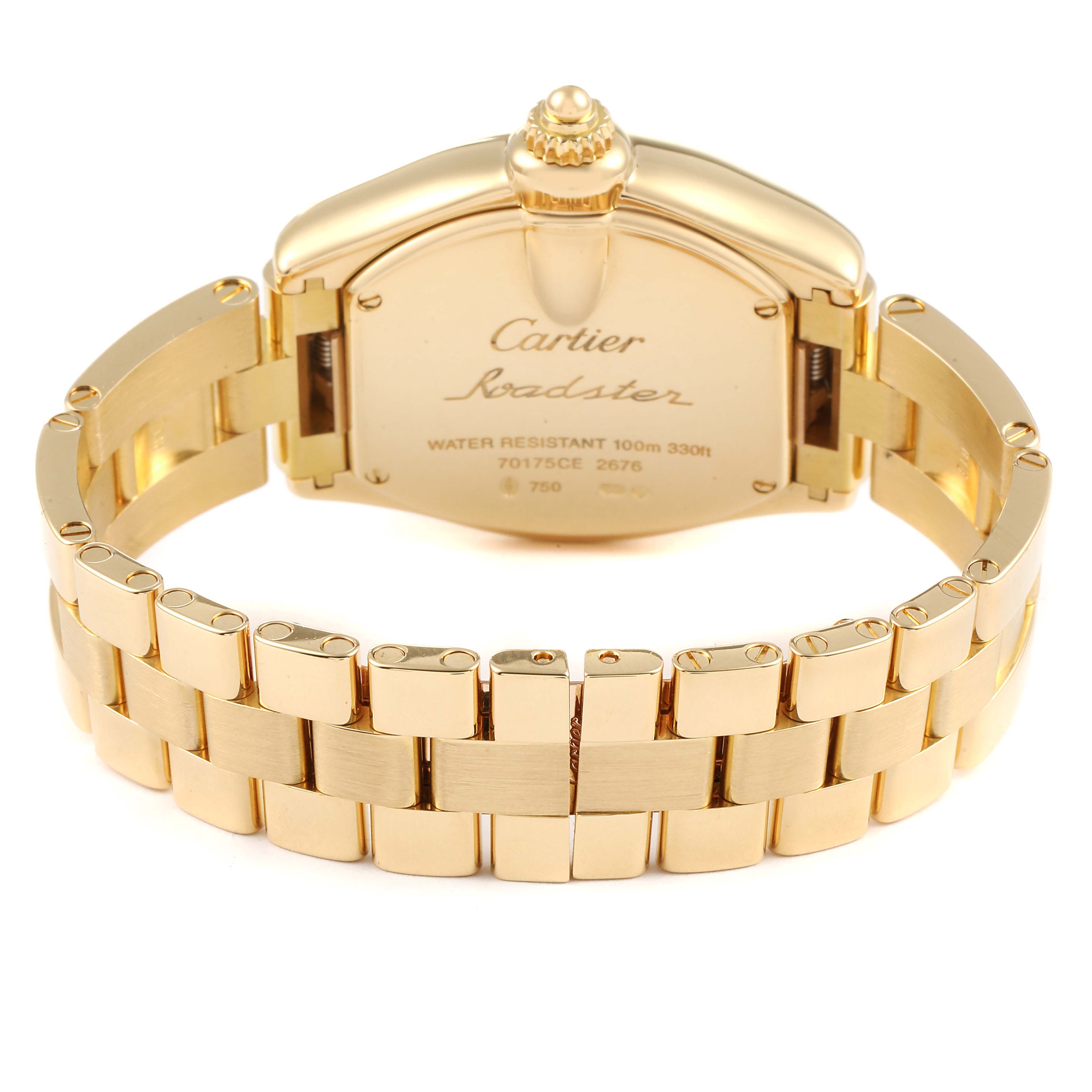 The image shows the back view of a Cartier Roadster W62018V1 Women's Yellow Gold Silver Dial W62018V1 Women's Yellow Gold Silver Dial watch, highlighting the case back and bracelet.