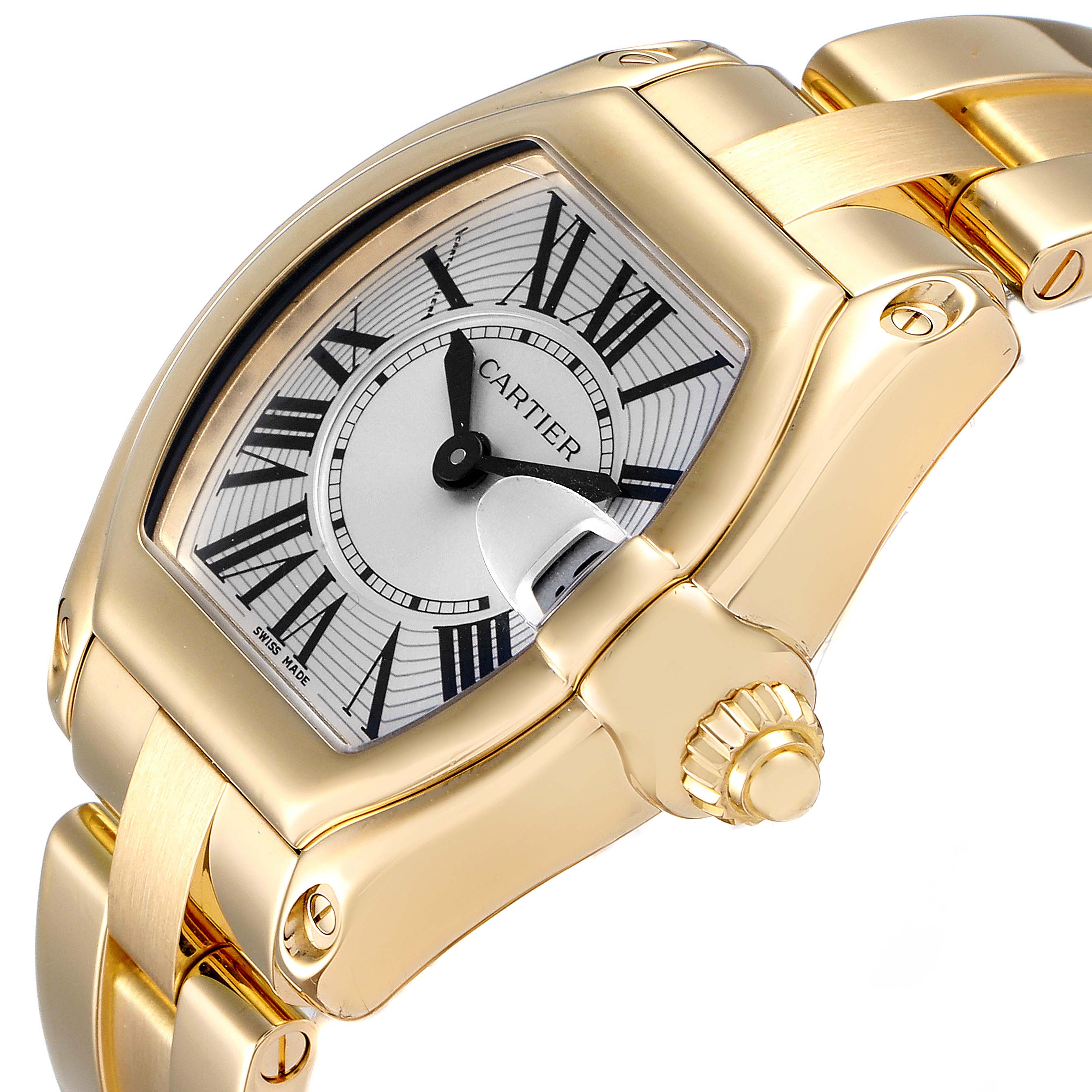 This image shows a close-up angle of the Cartier Roadster W62018V1 Women's Yellow Gold Silver Dial W62018V1 Women's Yellow Gold Silver Dial watch, focusing on the dial, crown, and part of the bracelet.