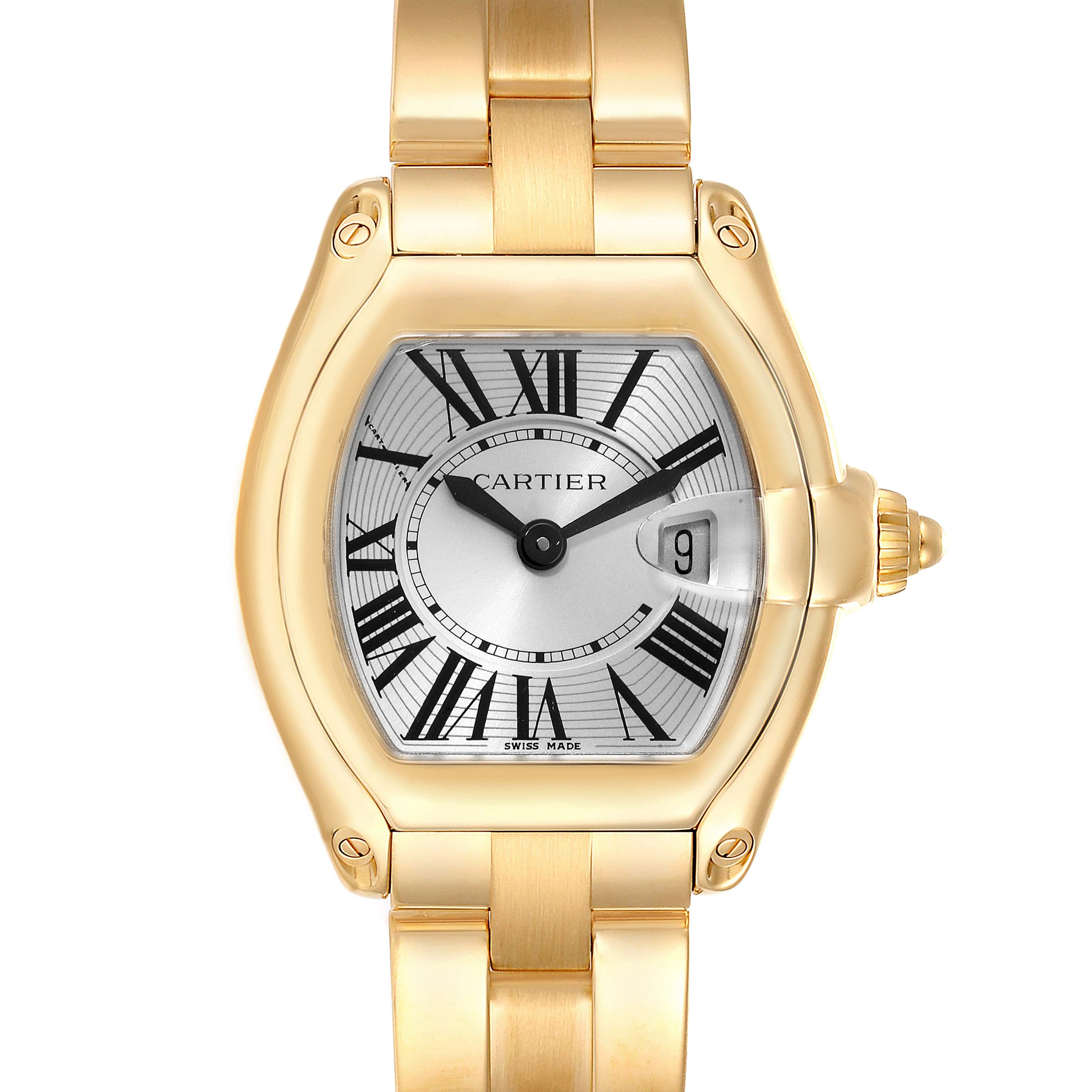 The Cartier Roadster W62018V1 Women's Yellow Gold Silver Dial W62018V1 Women's Yellow Gold Silver Dial model is shown from the front, highlighting the dial, bezel, bracelet, and crown.