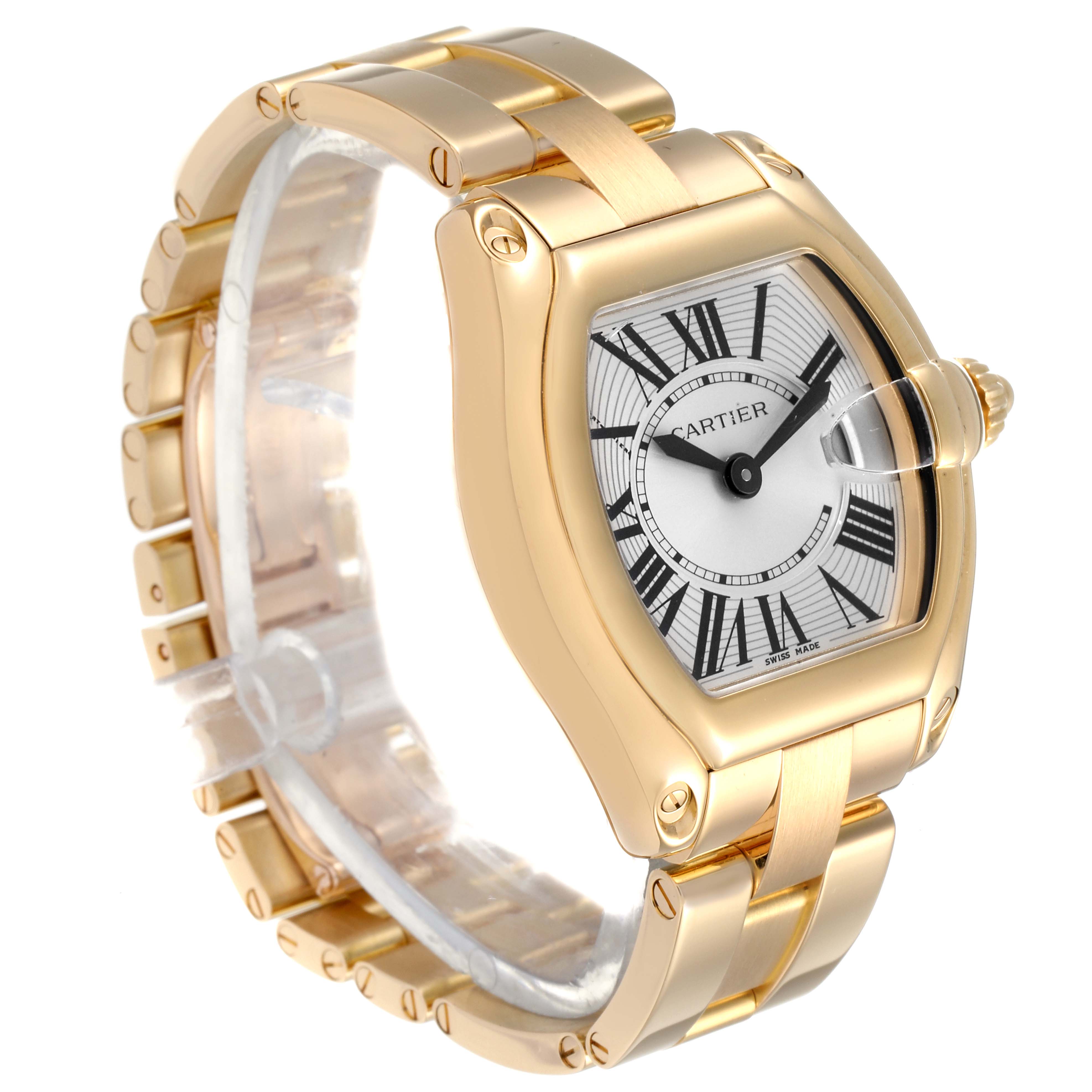 The image shows a Cartier Roadster W62018V1 Women's Yellow Gold Silver Dial W62018V1 Women's Yellow Gold Silver Dial watch at an angle highlighting its gold case, bracelet, and Roman numeral dial.