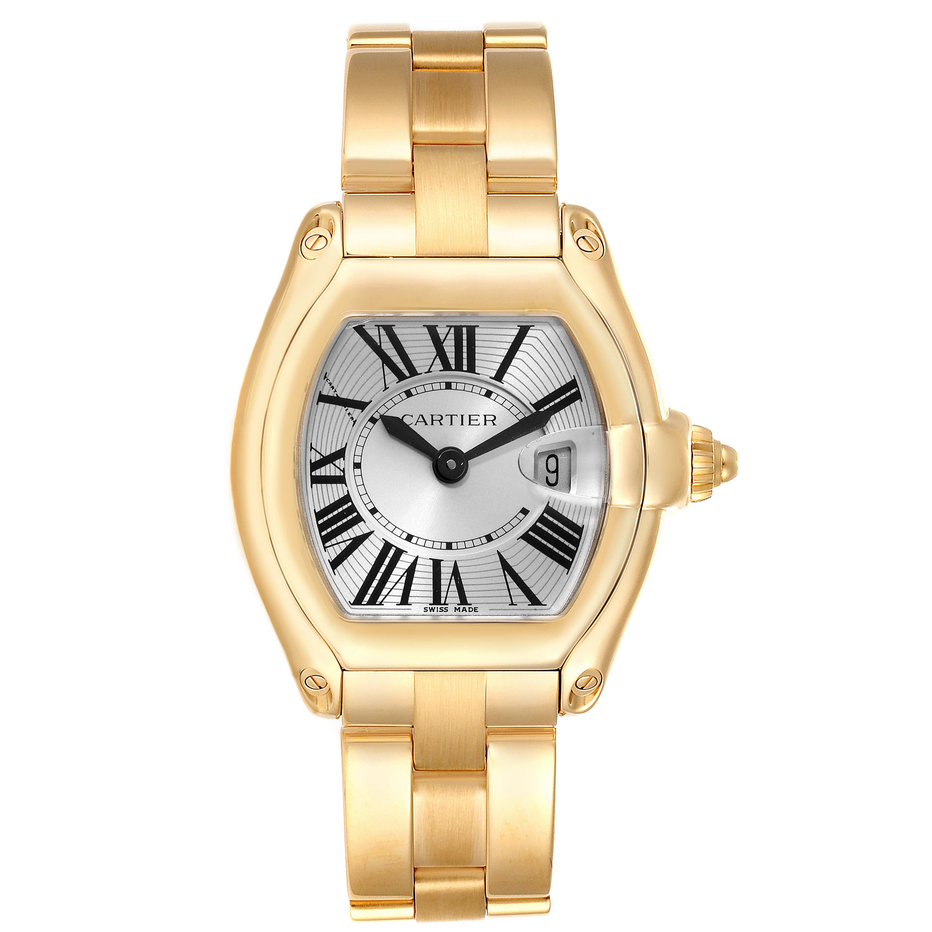 This image shows a Cartier Roadster W62018V1 Women's Yellow Gold Silver Dial W62018V1 Women's Yellow Gold Silver Dial watch from a top-down angle, highlighting its face, bezel, and bracelet.