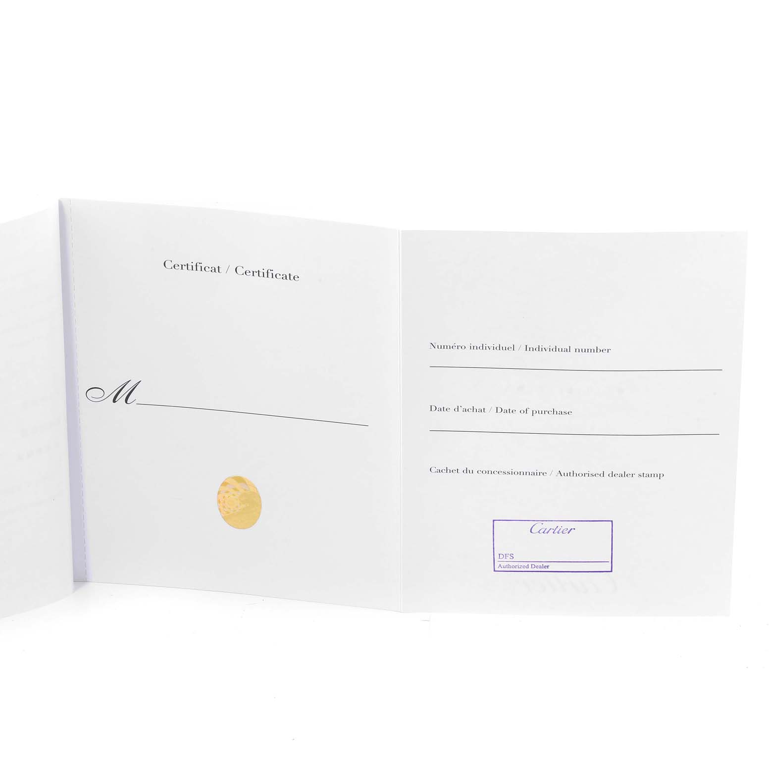 This image shows the open certificate booklet for the Cartier Roadster WE500260 Women's White Gold Silver Dial WE500260 Women's White Gold Silver Dial model watch with spaces for buyer details and dealer stamp.