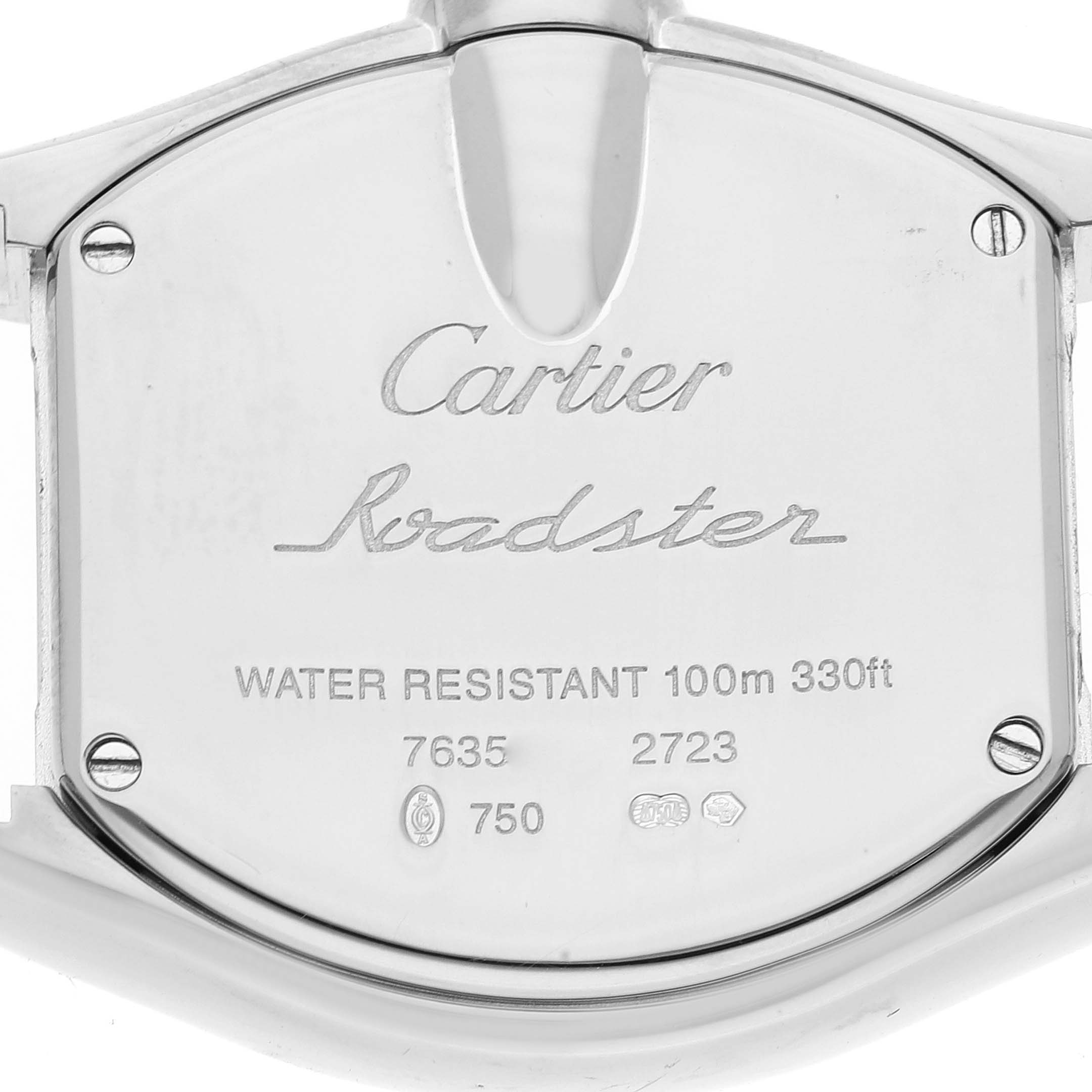 The image shows the back case of a Cartier Roadster WE500260 Women's White Gold Silver Dial WE500260 Women's White Gold Silver Dial watch, detailing water resistance and model information.