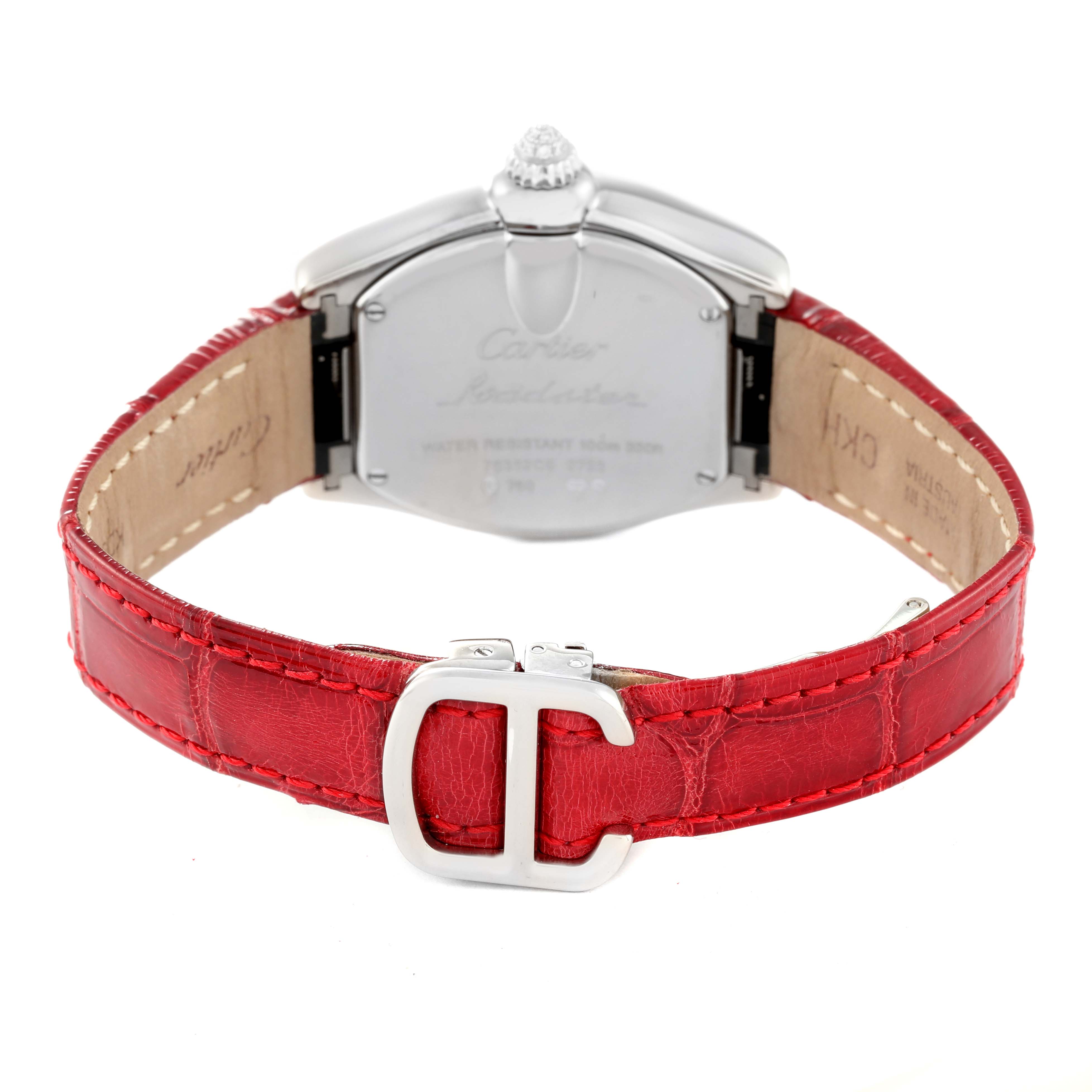 The image shows the back view of the Roadster model by Cartier, highlighting the caseback and red leather strap with buckle.