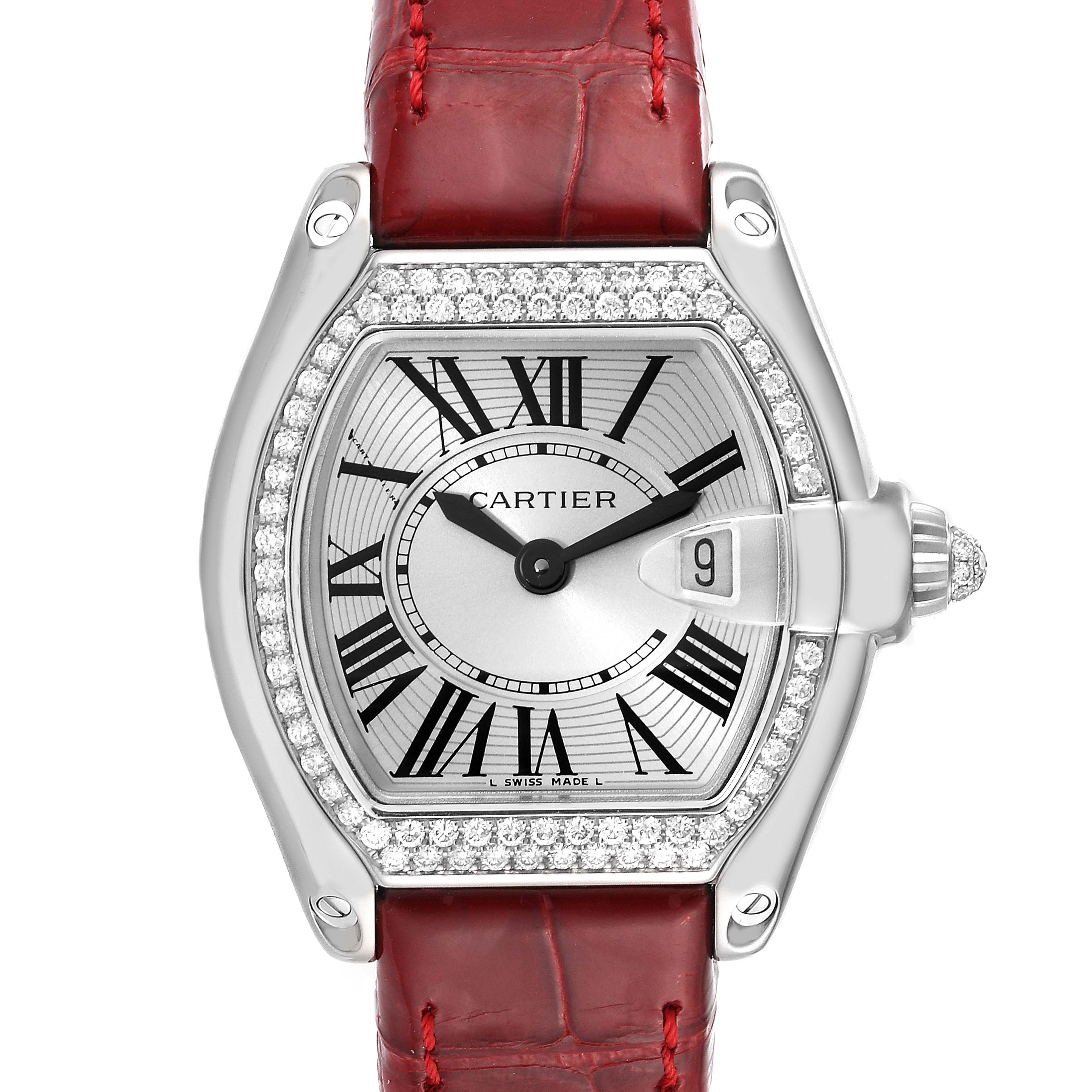 The image shows a Cartier Roadster WE500260 Women's White Gold Silver Dial WE500260 Women's White Gold Silver Dial watch front view, highlighting the dial, bezel, case, and red leather strap.