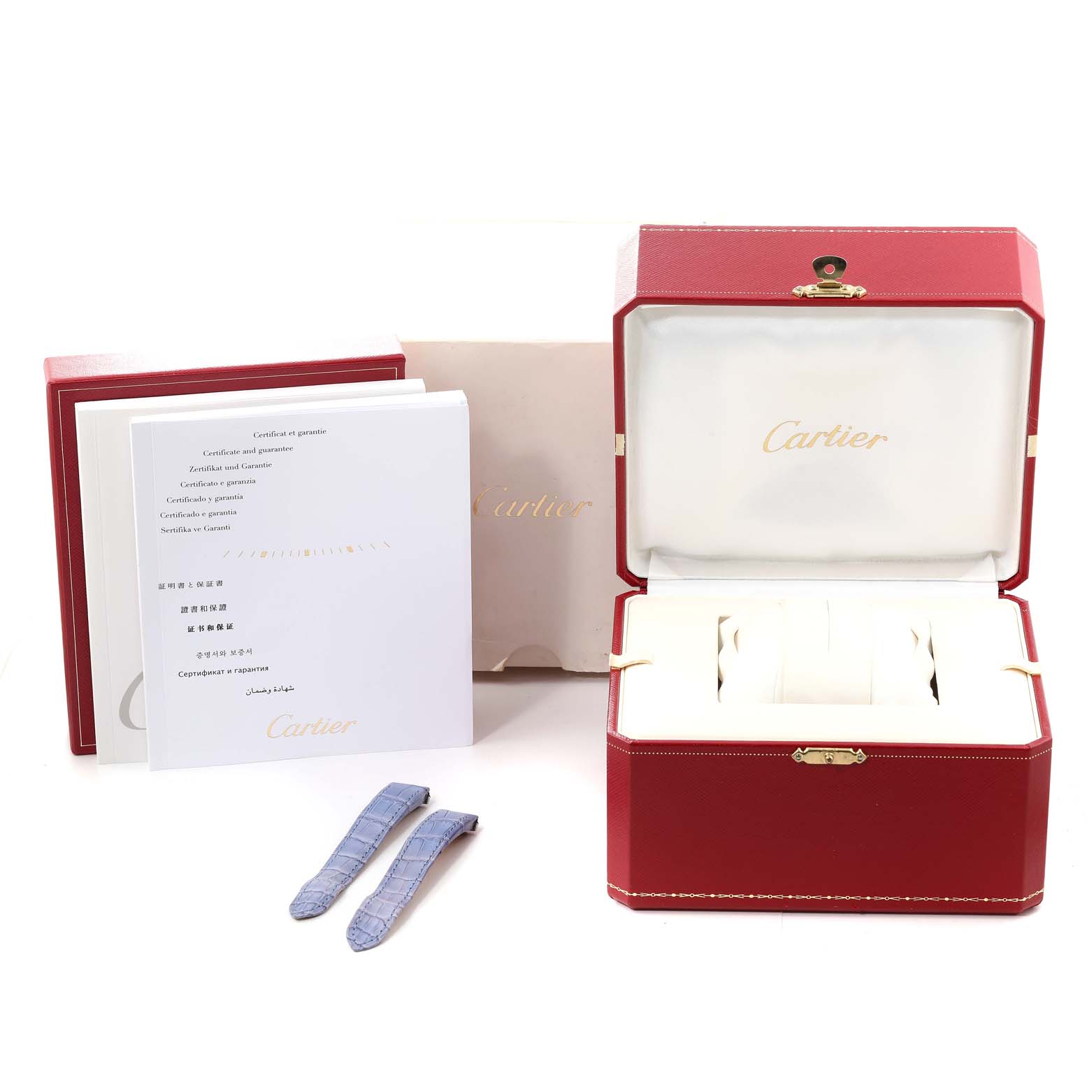 The image shows the Roadster model by Cartier's box, warranty booklet, and two watch straps.