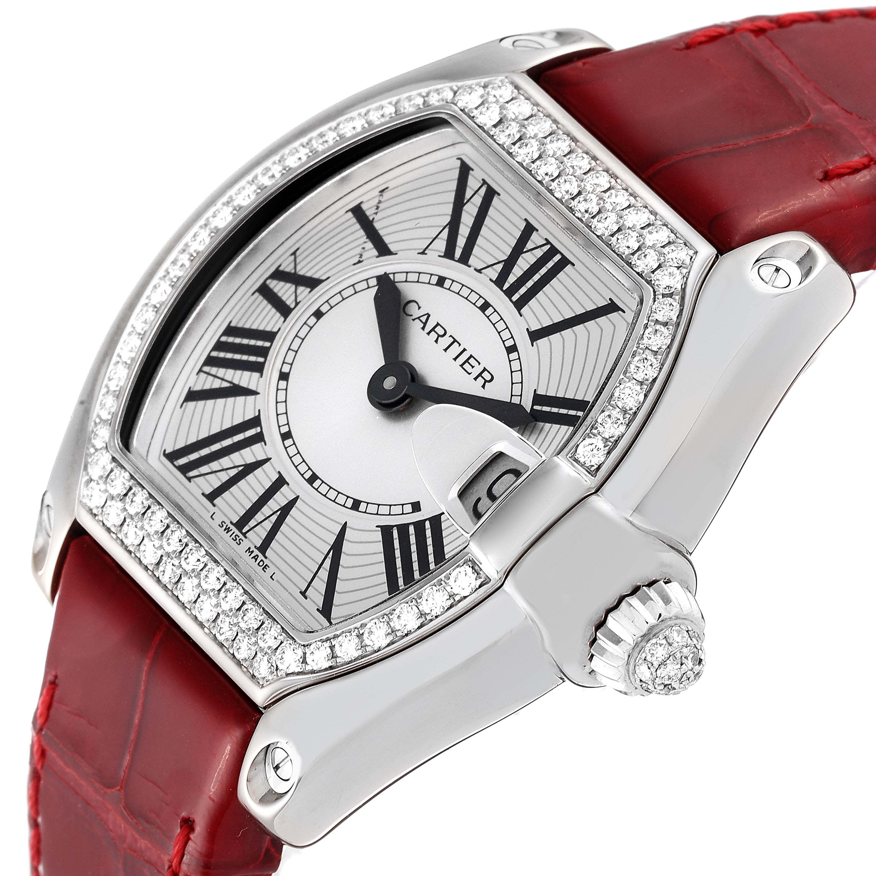 The image shows a Cartier Roadster WE500260 Women's White Gold Silver Dial WE500260 Women's White Gold Silver Dial watch angled to display the dial, case, bezel, crown, and part of the strap.