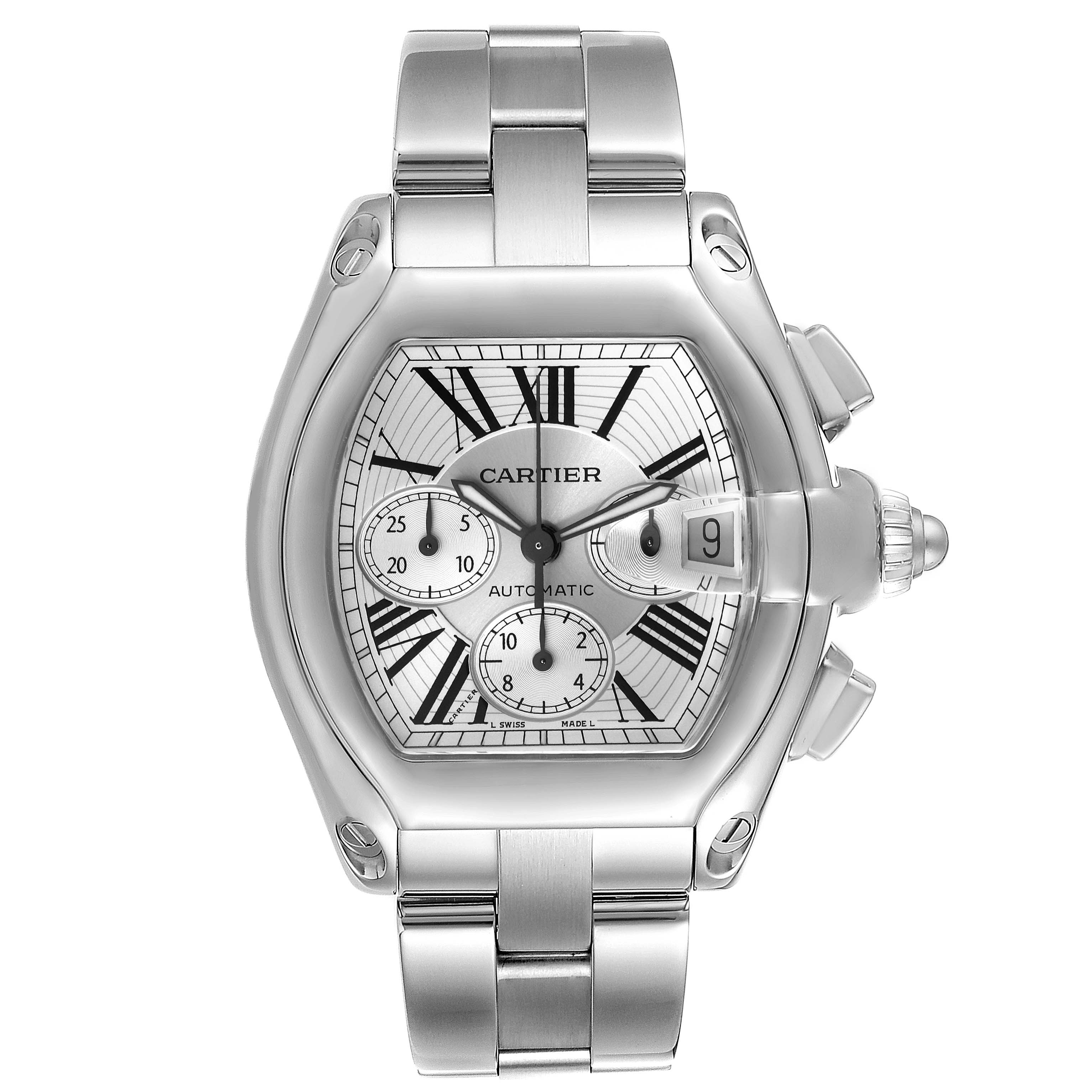 The image shows a frontal view of a Cartier Roadster W62019X6 Men's Stainless Steel Silver Dial W62019X6 Men's Stainless Steel Silver Dial watch, displaying the dial, bracelet, crown, and pushers.