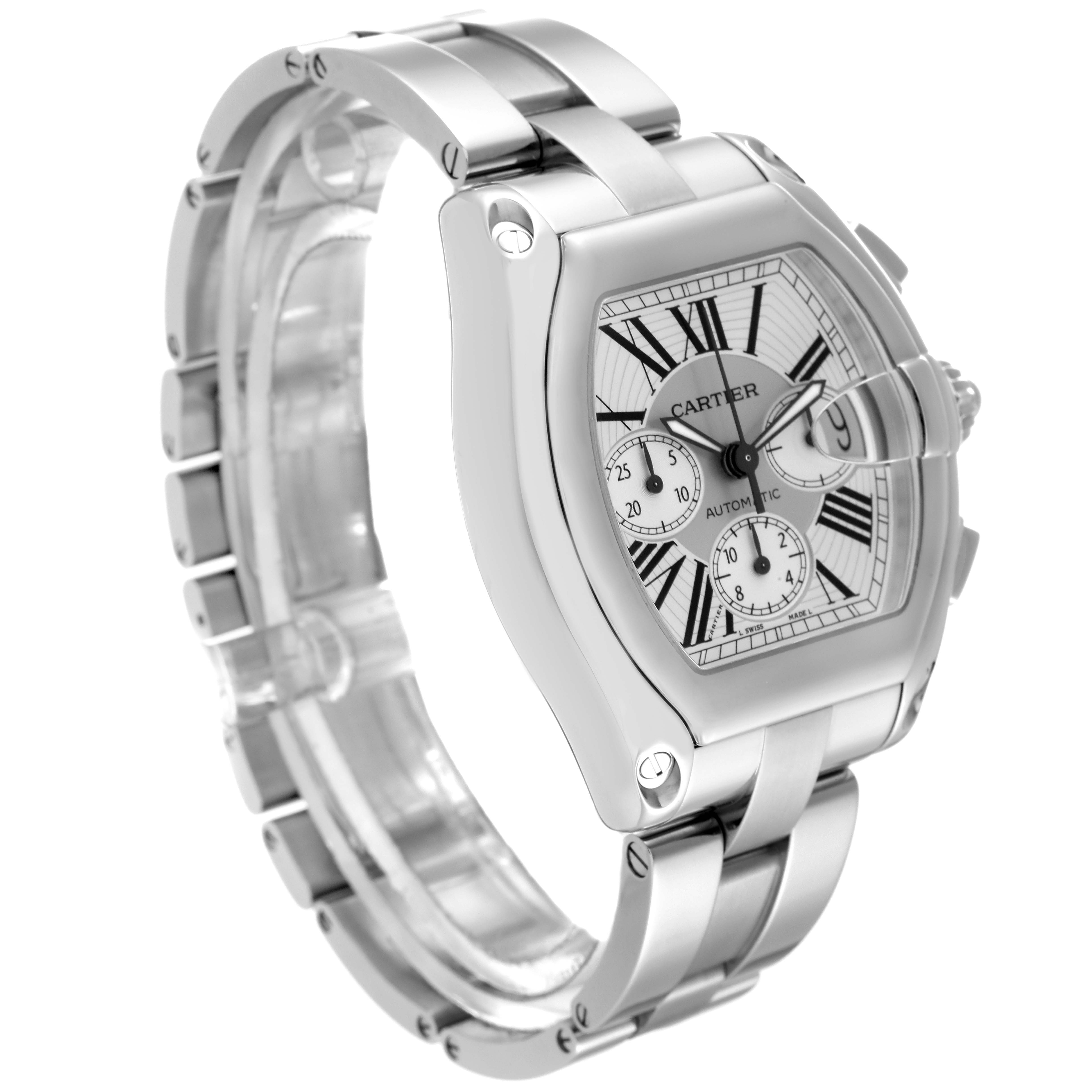 The Cartier Roadster W62019X6 Men's Stainless Steel Silver Dial W62019X6 Men's Stainless Steel Silver Dial watch is shown at a three-quarter angle, displaying its dial, bracelet, and case.