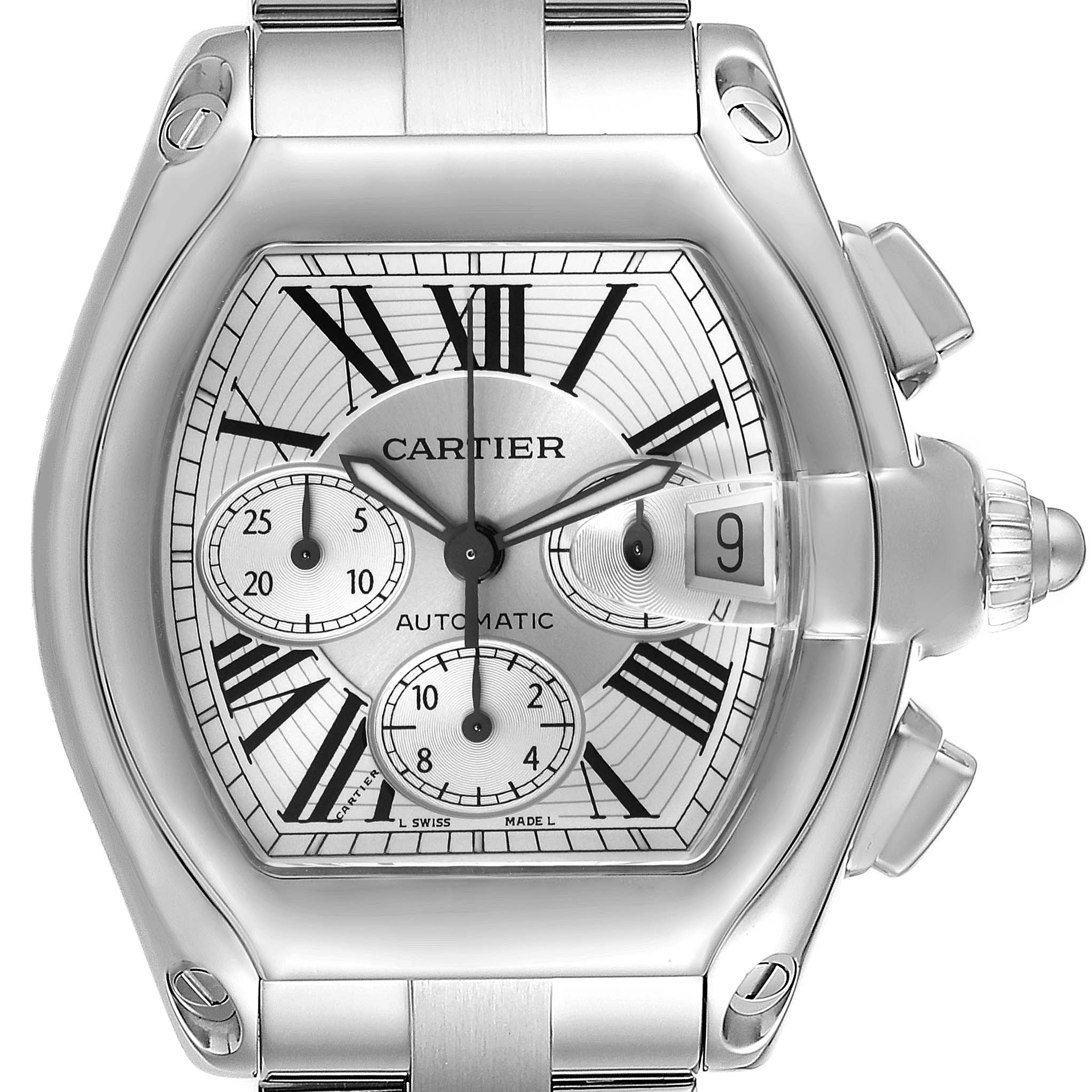 The image shows a front view of the Cartier Roadster W62019X6 Men's Stainless Steel Silver Dial W62019X6 Men's Stainless Steel Silver Dial model watch, featuring its dial, chronographs, date window, and part of the bracelet.