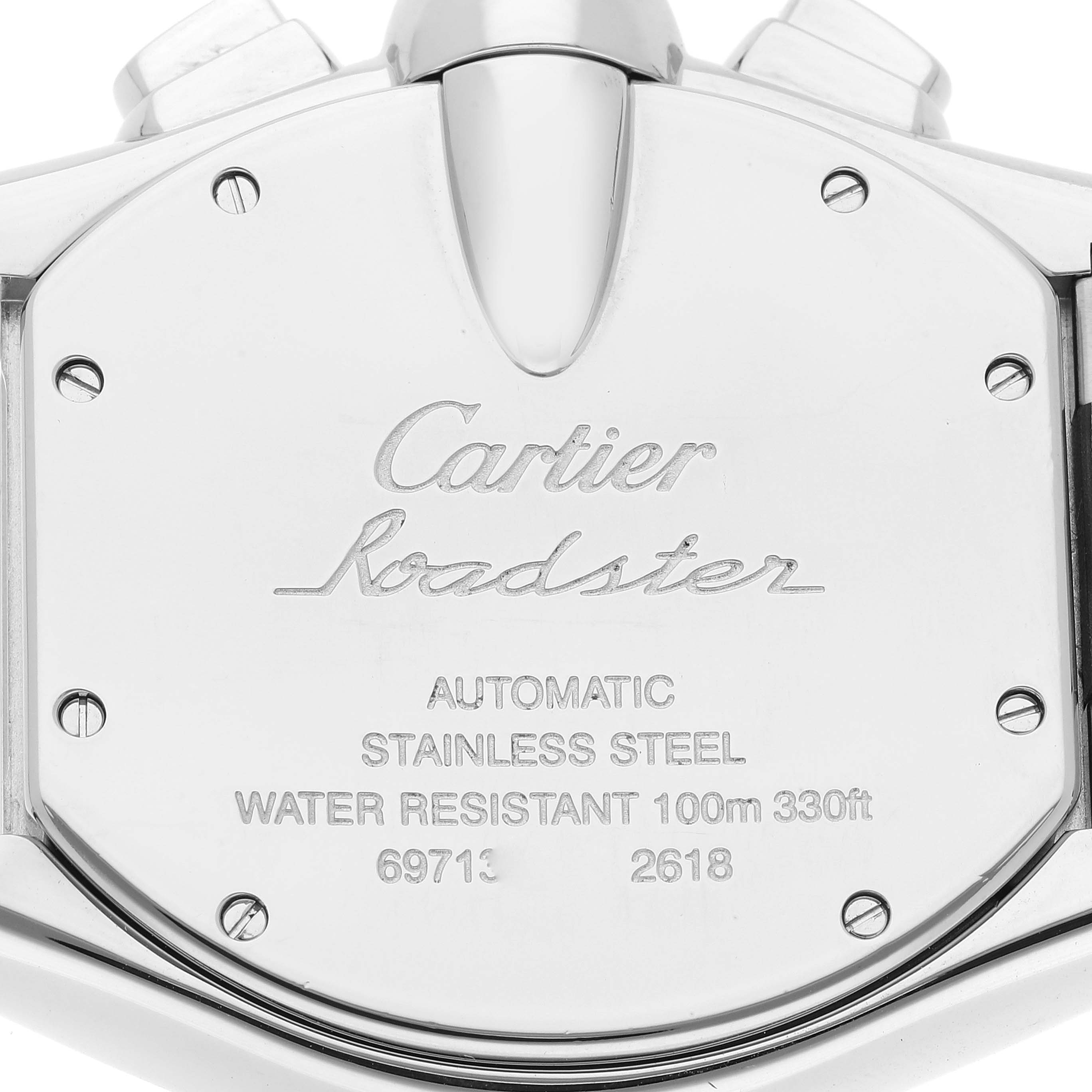 The image shows the back case of the Cartier Roadster W62019X6 Men's Stainless Steel Silver Dial W62019X6 Men's Stainless Steel Silver Dial watch, highlighting the model name, material, and specifications.