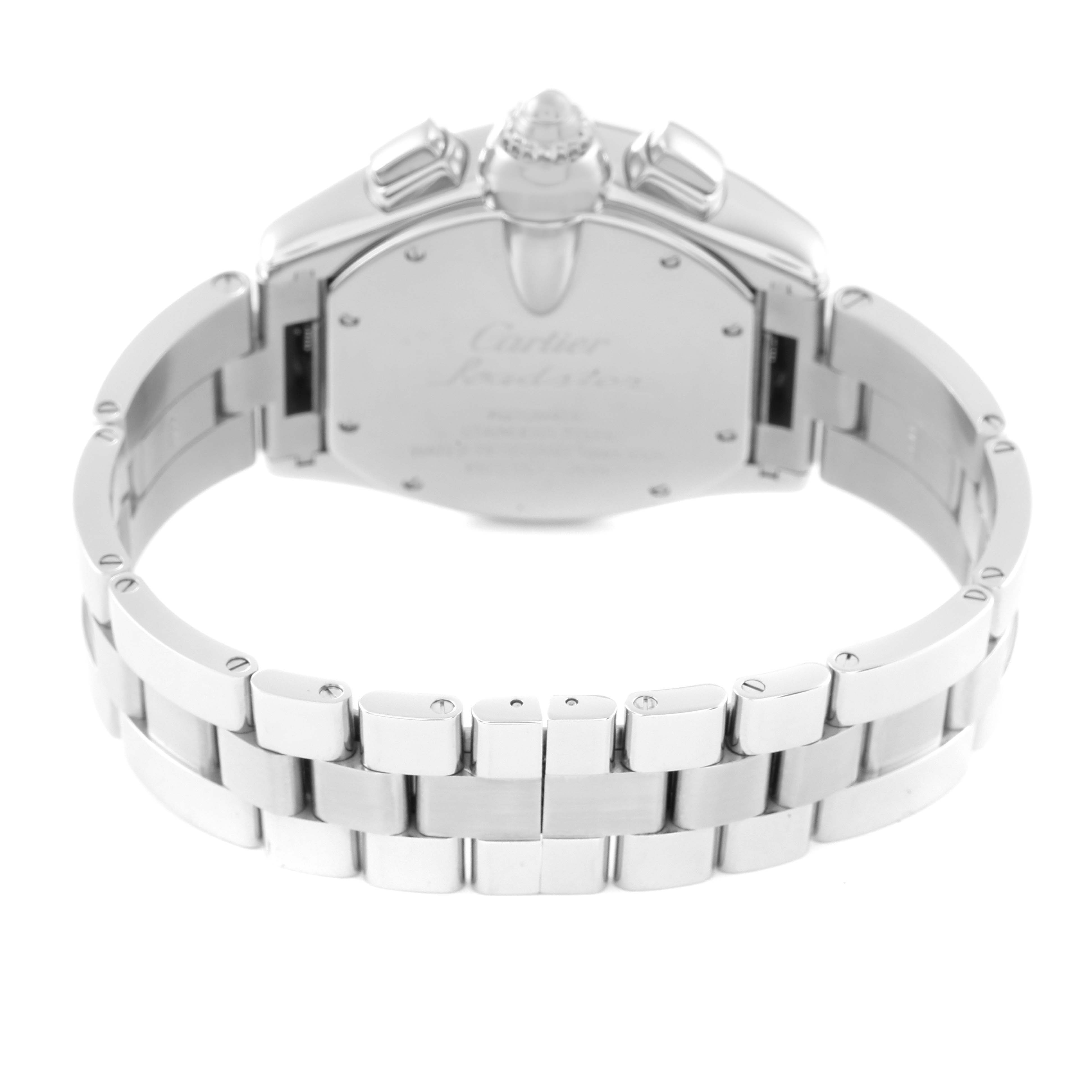 This image shows the back view and bracelet of the Cartier Roadster W62019X6 Men's Stainless Steel Silver Dial W62019X6 Men's Stainless Steel Silver Dial watch.