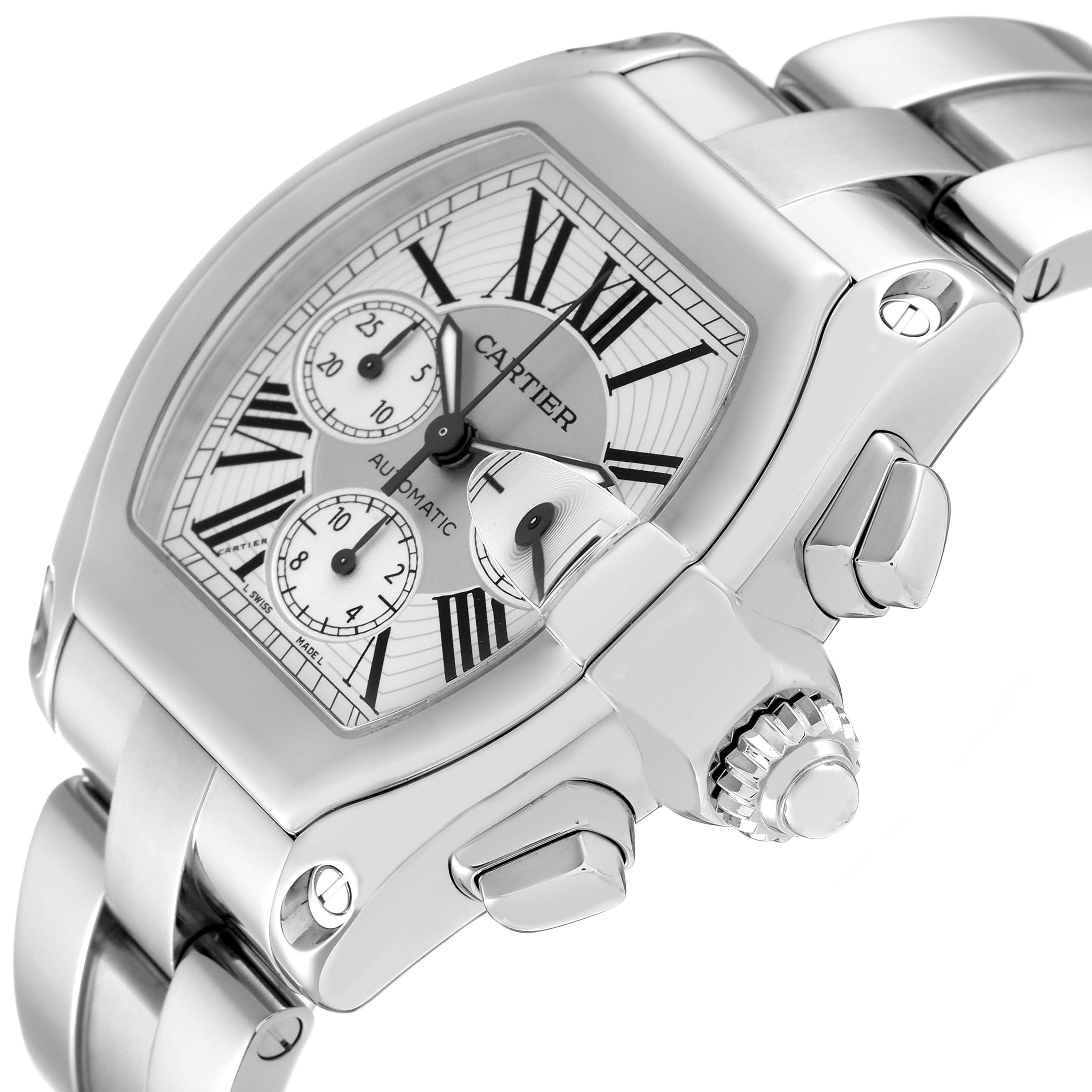 The Cartier Roadster W62019X6 Men's Stainless Steel Silver Dial W62019X6 Men's Stainless Steel Silver Dial watch is shown at an angle displaying its face, bezel, crown, and part of the bracelet.