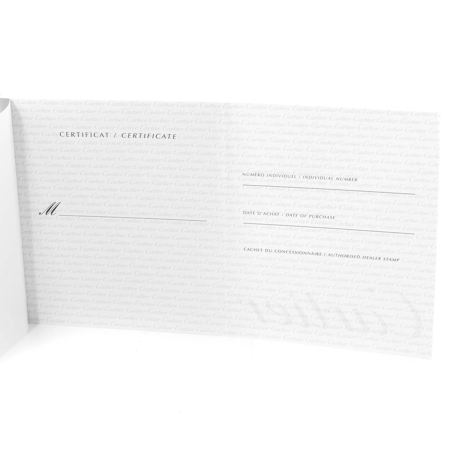 The image shows an open certificate booklet for the Cartier Roadster W62019X6 Men's Stainless Steel Silver Dial W62019X6 Men's Stainless Steel Silver Dial watch, displaying sections for individual number, date of purchase, and stamp.