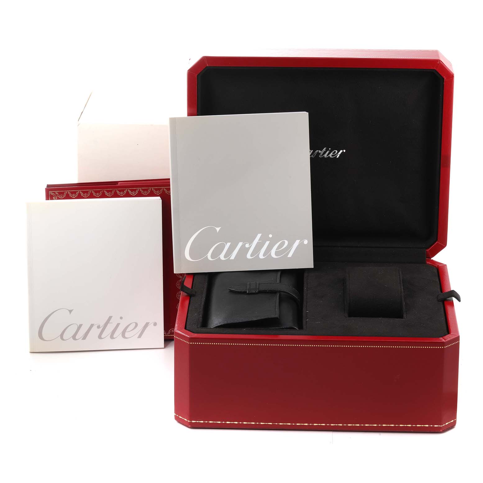 The image shows the packaging, manuals, and accessories for a Cartier Roadster W62019X6 Men's Stainless Steel Silver Dial W62019X6 Men's Stainless Steel Silver Dial model watch.