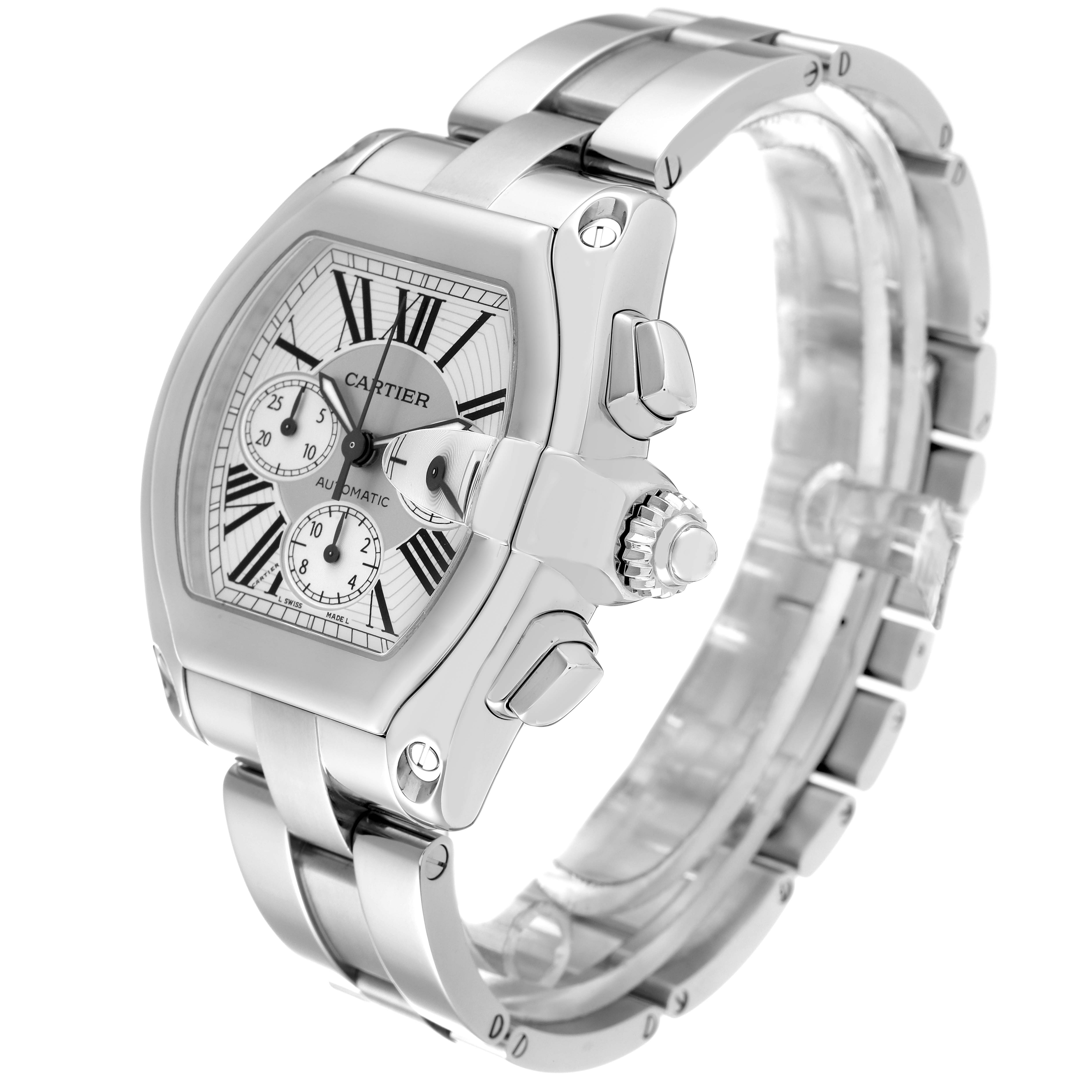 The image shows a Cartier Roadster W62019X6 Men's Stainless Steel Silver Dial W62019X6 Men's Stainless Steel Silver Dial watch at a slight angle, highlighting the face, crown, and metal bracelet.