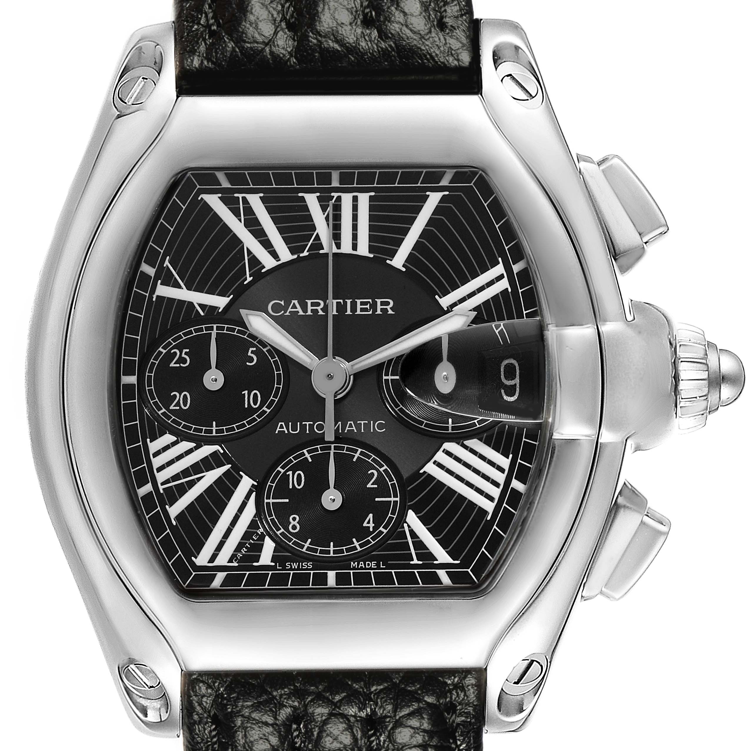 The Cartier Roadster W62020X6 Men's Stainless Steel Black Dial W62020X6 Men's Stainless Steel Black Dial watch is shown from the front, highlighting its face, bezel, and crown.