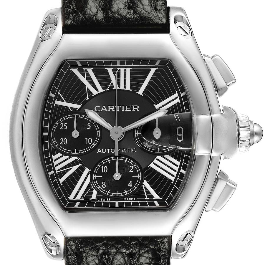 The Cartier Roadster watch is shown from the front, highlighting its face, bezel, and crown.