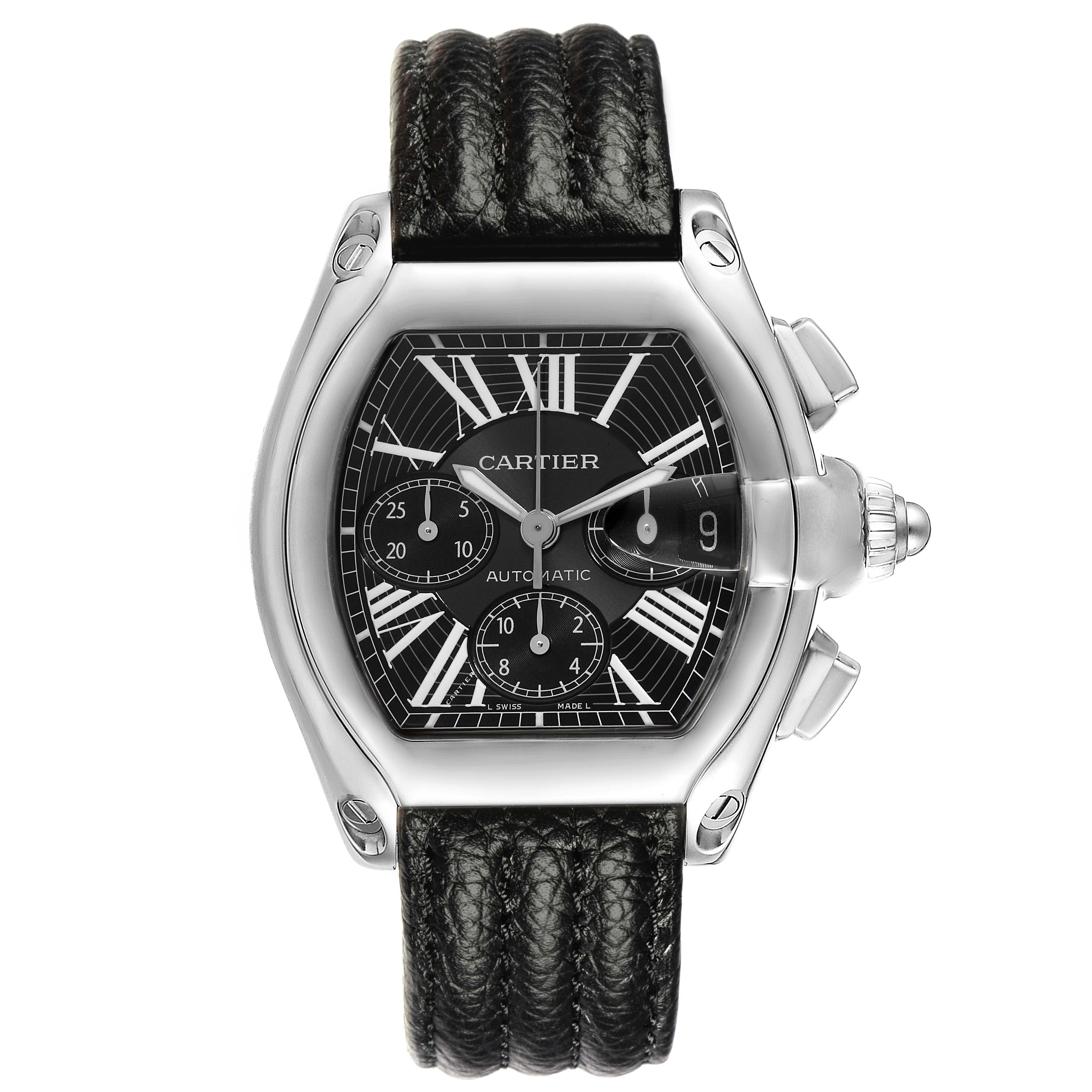 The Cartier Roadster W62020X6 Men's Stainless Steel Black Dial W62020X6 Men's Stainless Steel Black Dial watch is shown from a top view, displaying the face, case, crown, and leather strap.