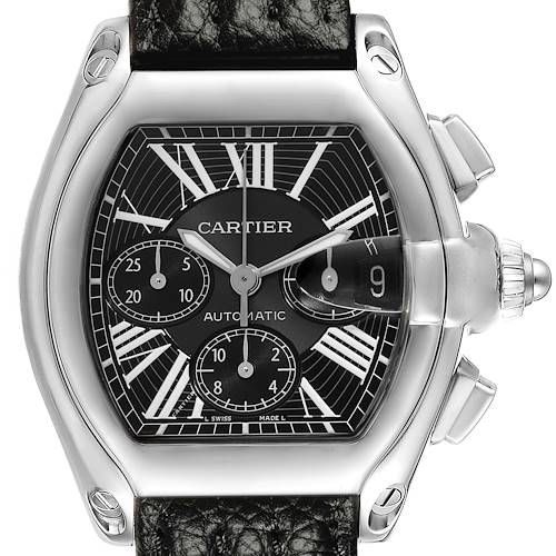 The Cartier Roadster watch is shown from the front, highlighting the dial, crown, pushers, and leather strap.